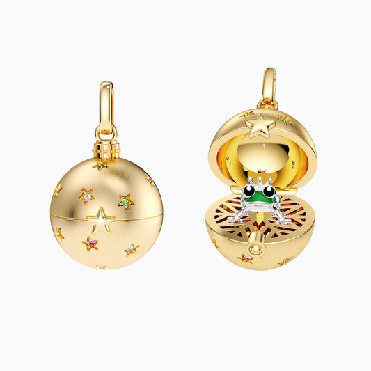 Frog Prince Surprise Celestial Pave Rainbow Color Star Amulet Christmas Ball Locket Pendant - vanimy