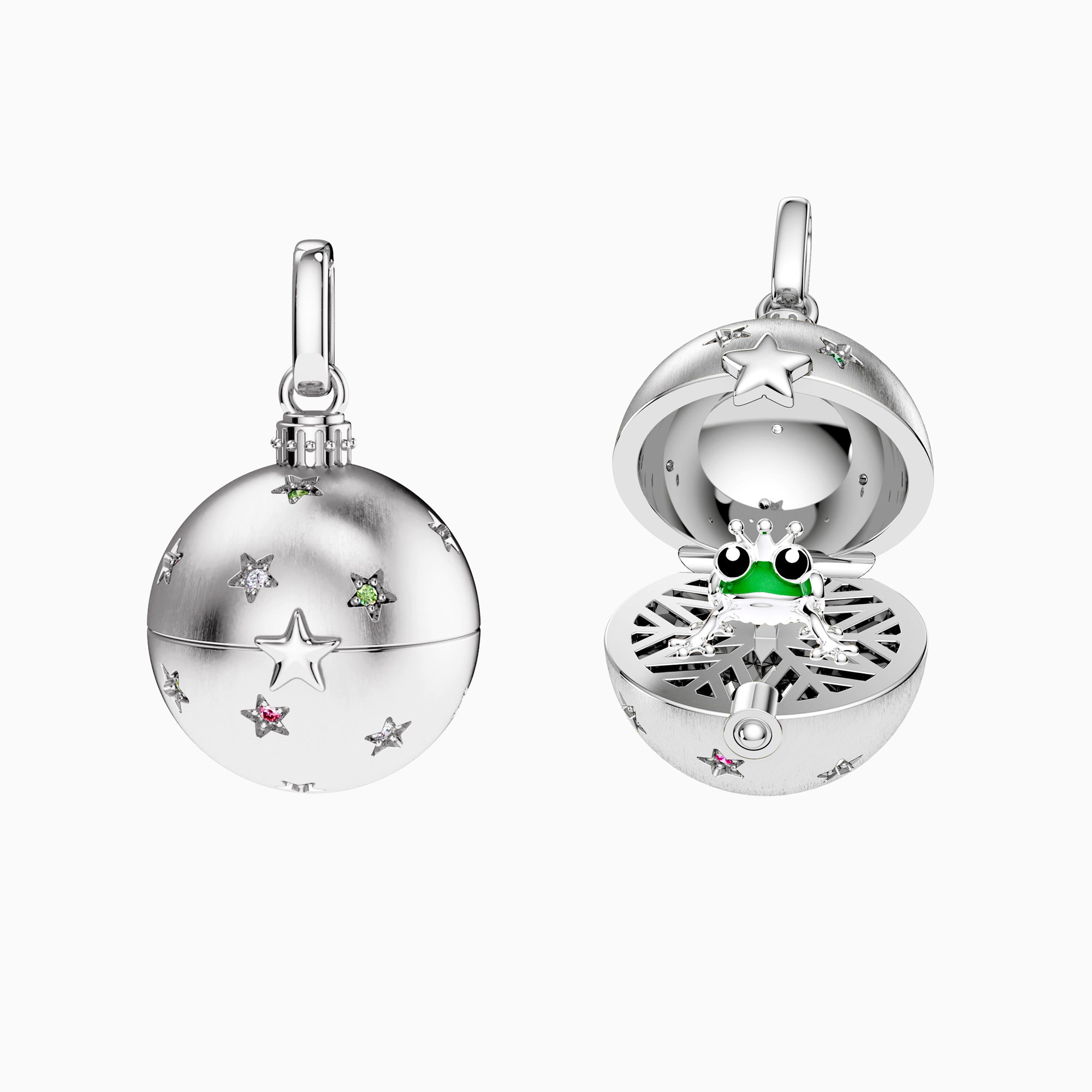 Frog Prince Surprise Celestial Pave Rainbow Color Star Amulet Christmas Ball Locket Pendant - vanimy