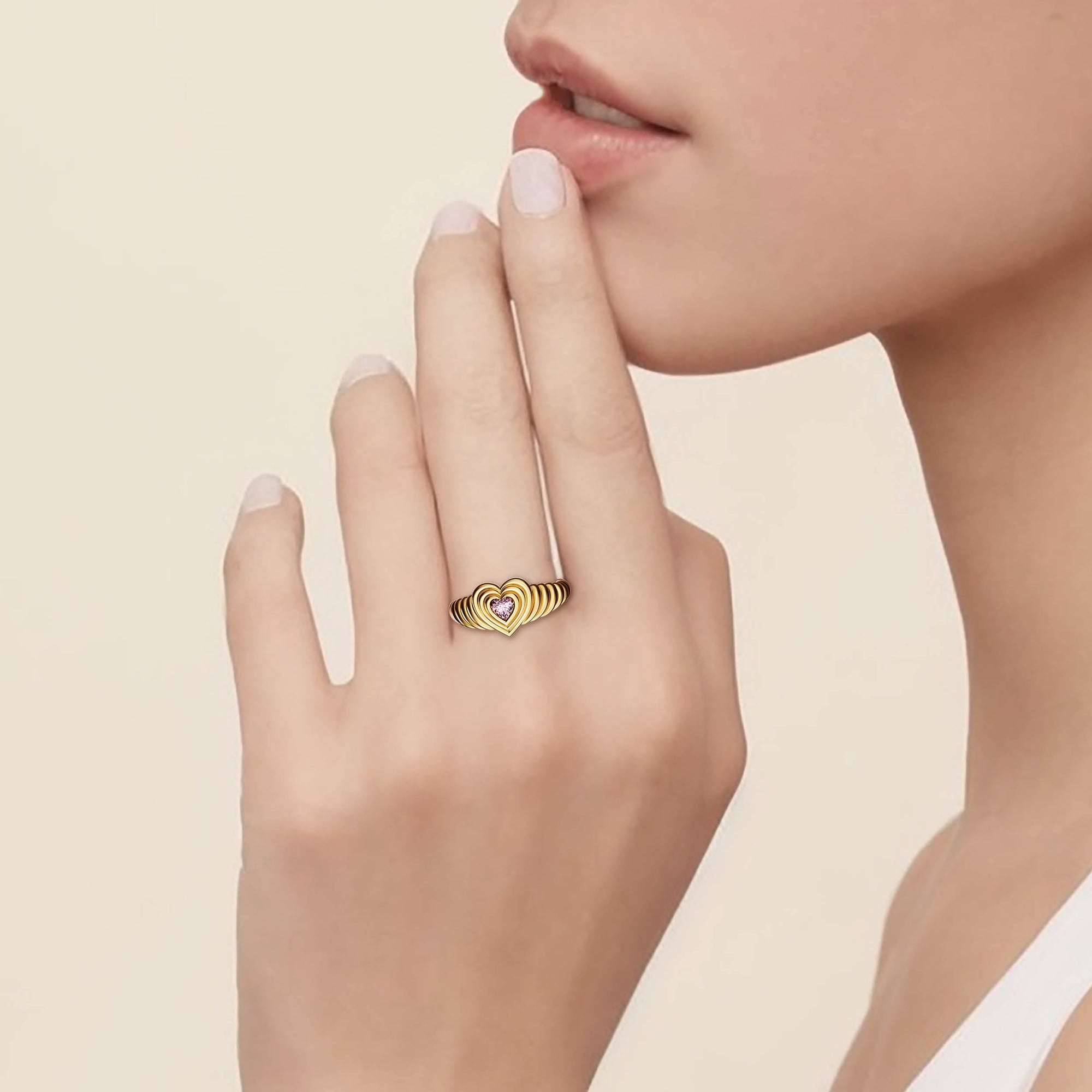 Timeless Enchanted Pink Heart Echo Wavy Pinky Signet Ring - vanimy