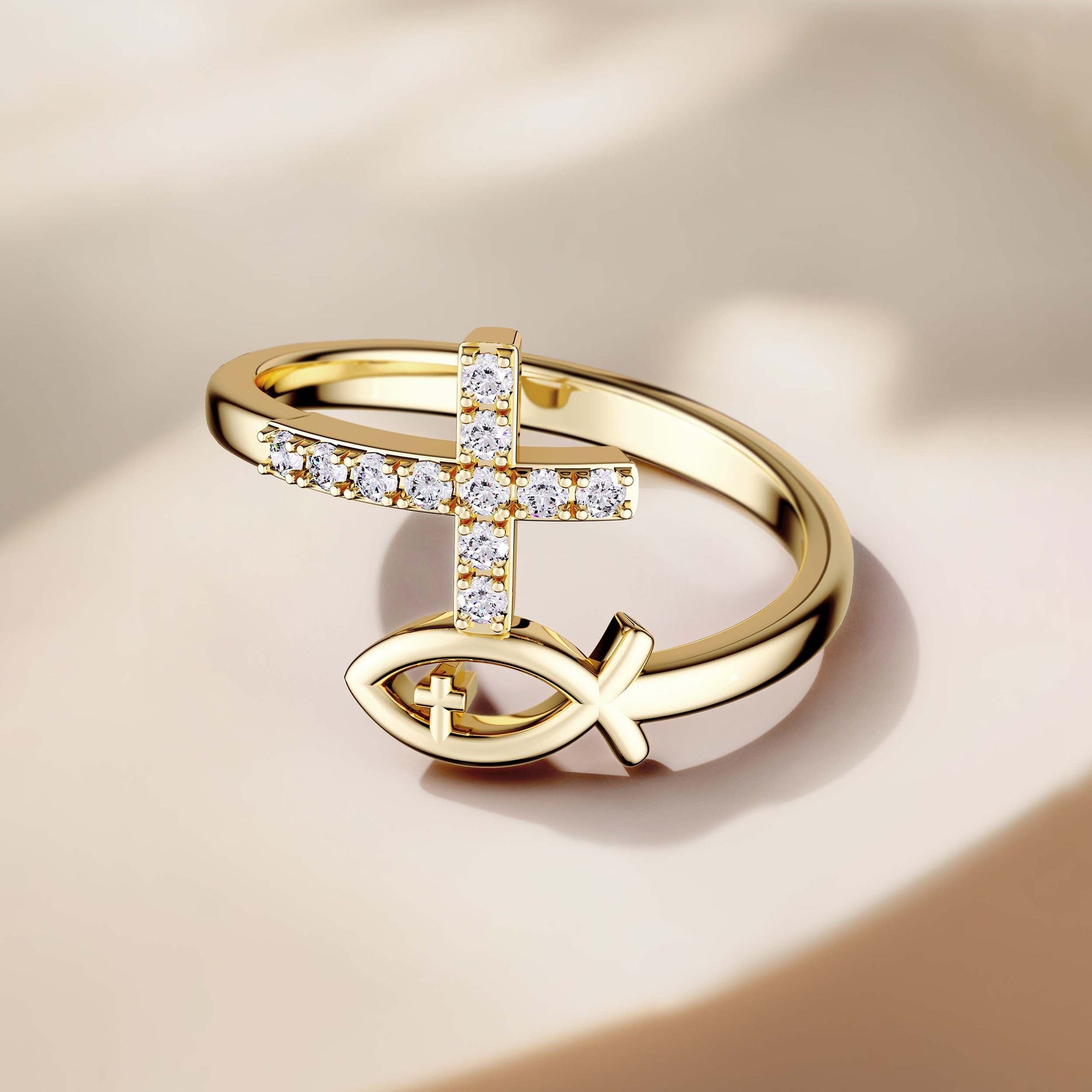 Customized Pray Jesus Fish And Cross Ring - vanimy