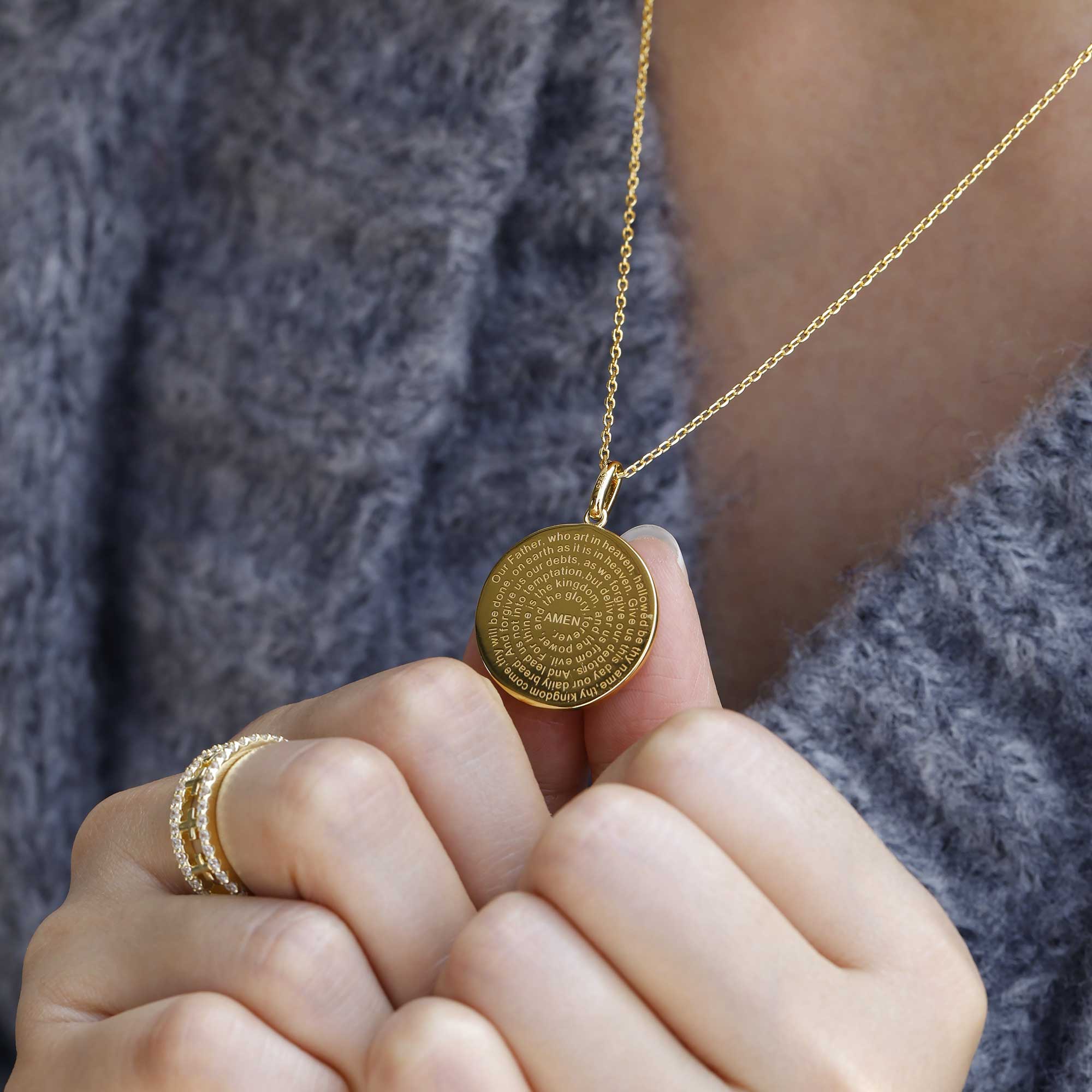 Divine Radiance Cross Protection Prayer Medallion Pendant Necklace - Gold Vermeil