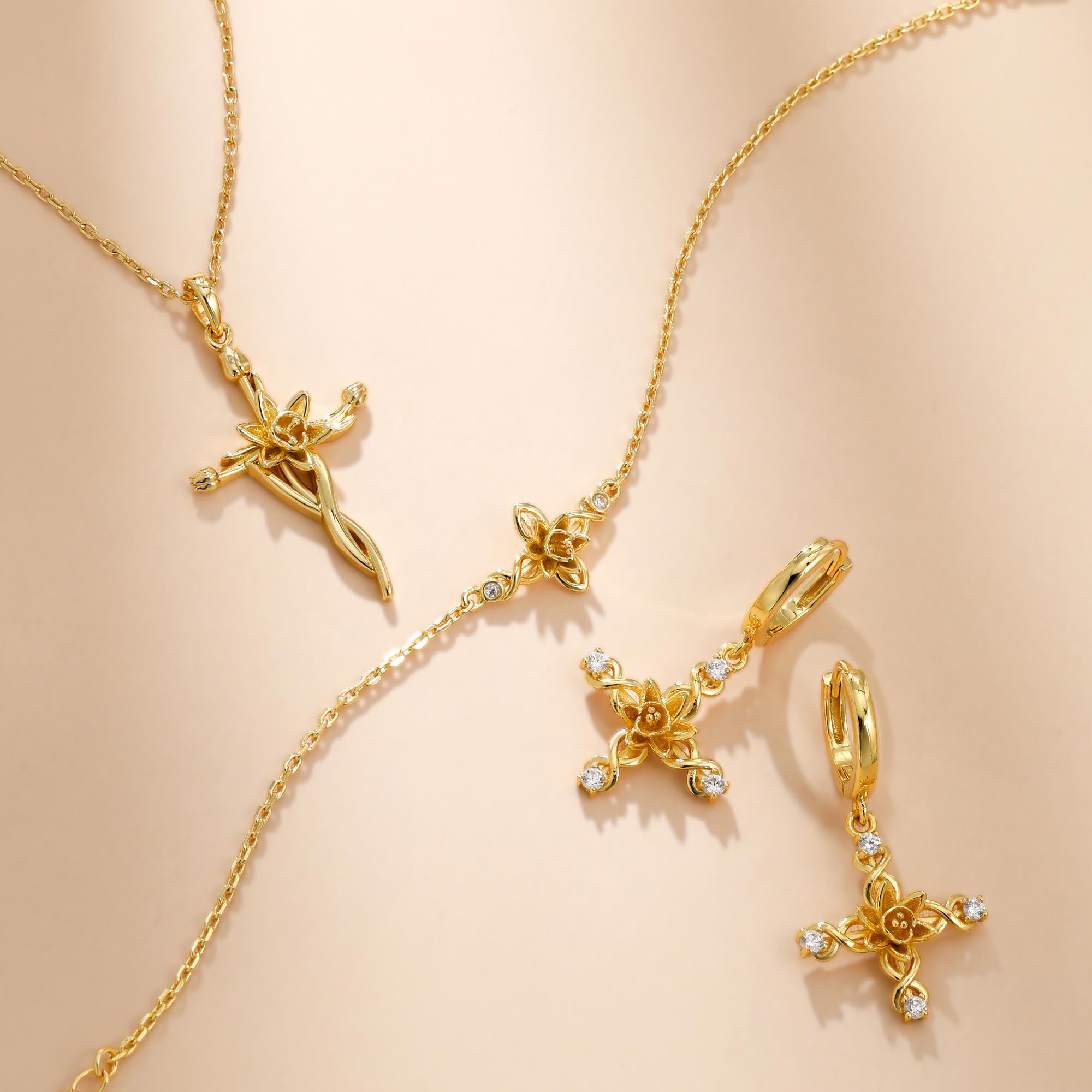 Floral Cross Tulip Pendant Necklace