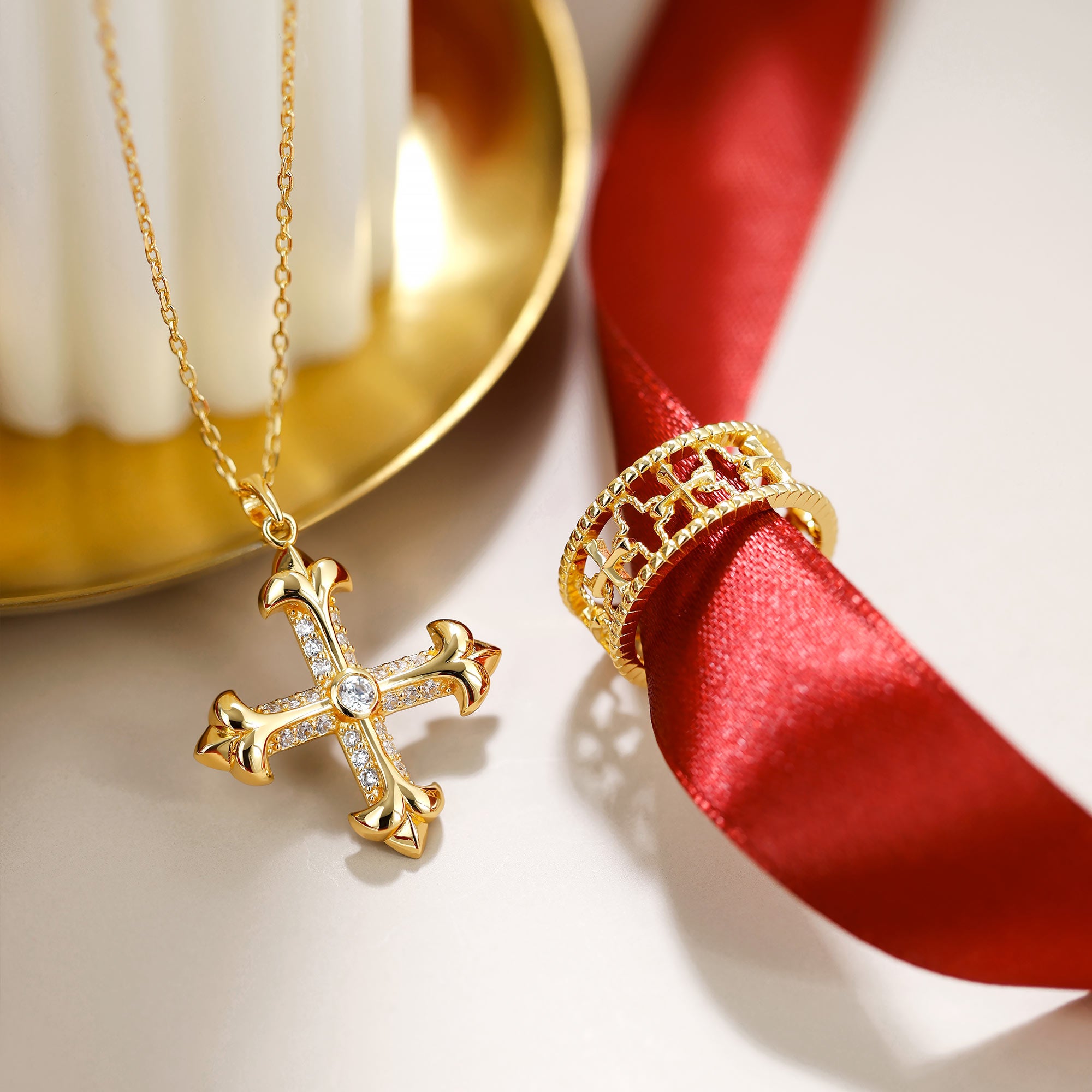 Cross and Four-Leaf Clover Statement Ring