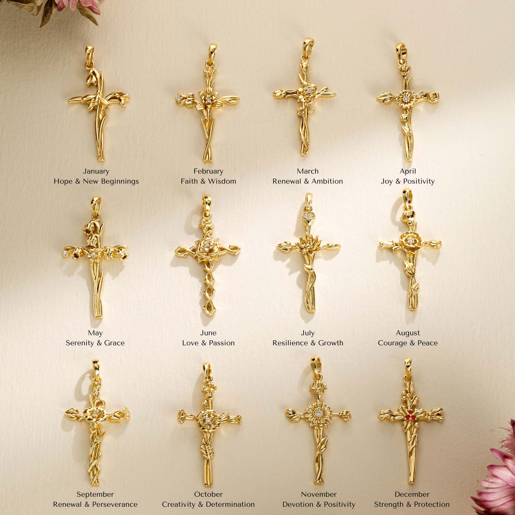 Floral Cross December Holly Birth Flower Necklace