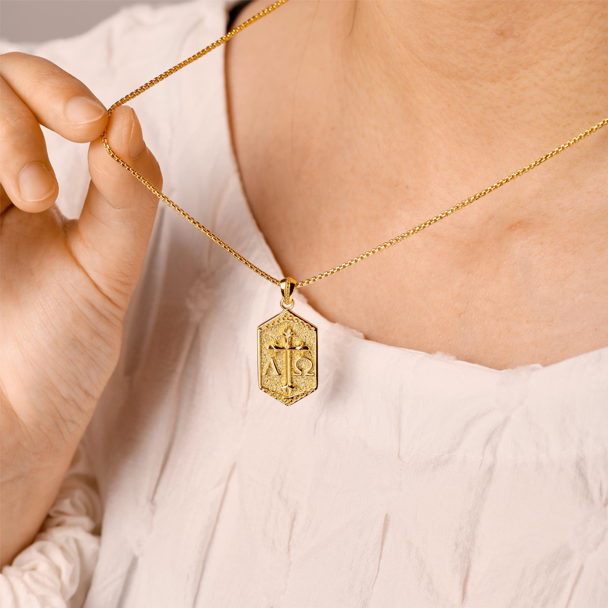 Personalized Hexagonal Alpha Omega Cross Medallion Necklace - vanimy