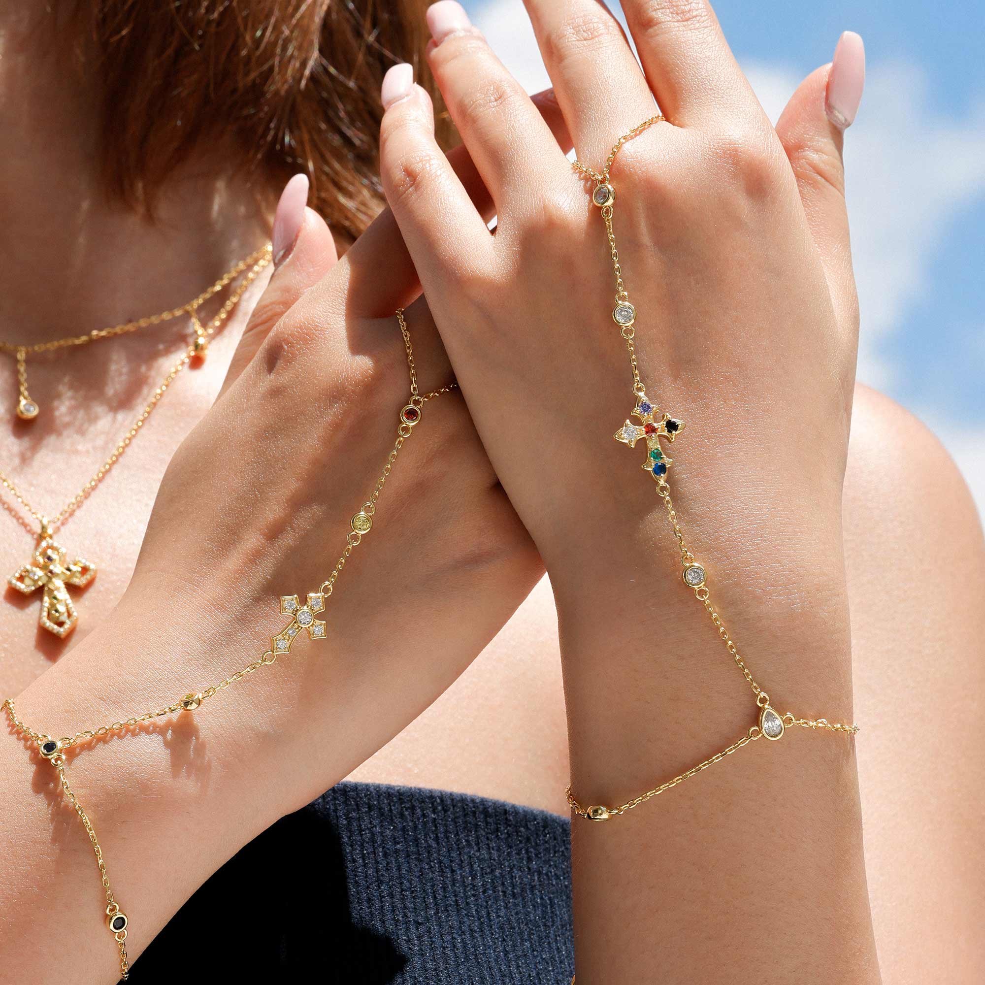 Seven Lights Fleur-de-Lis Cross Hand Chain