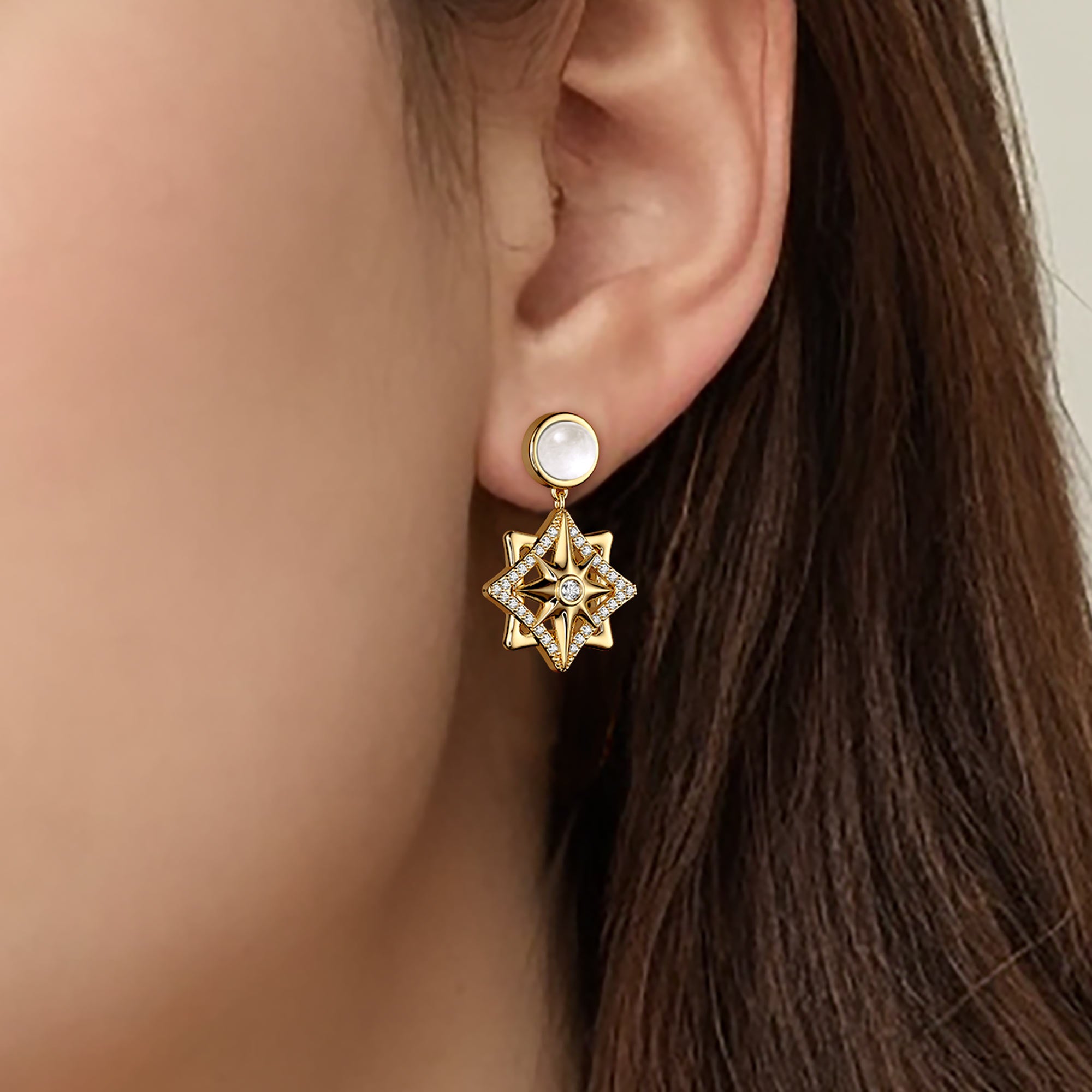 Pave North Star with Moonstone Drop Earrings - vanimy