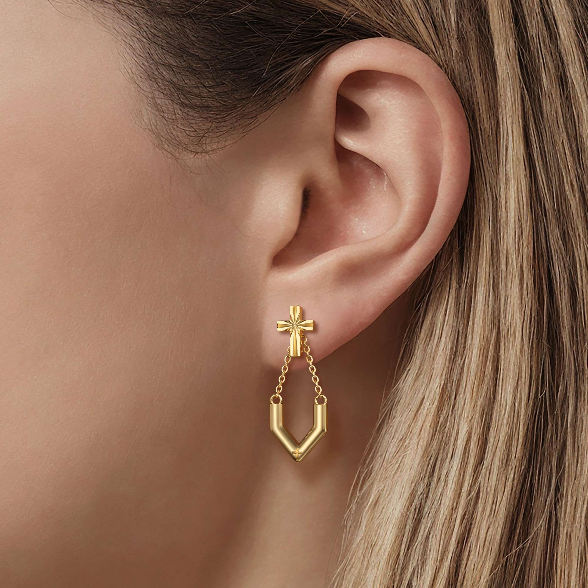 ‘Take the first step in faith' V Chain Cross Drop Earrings - vanimy
