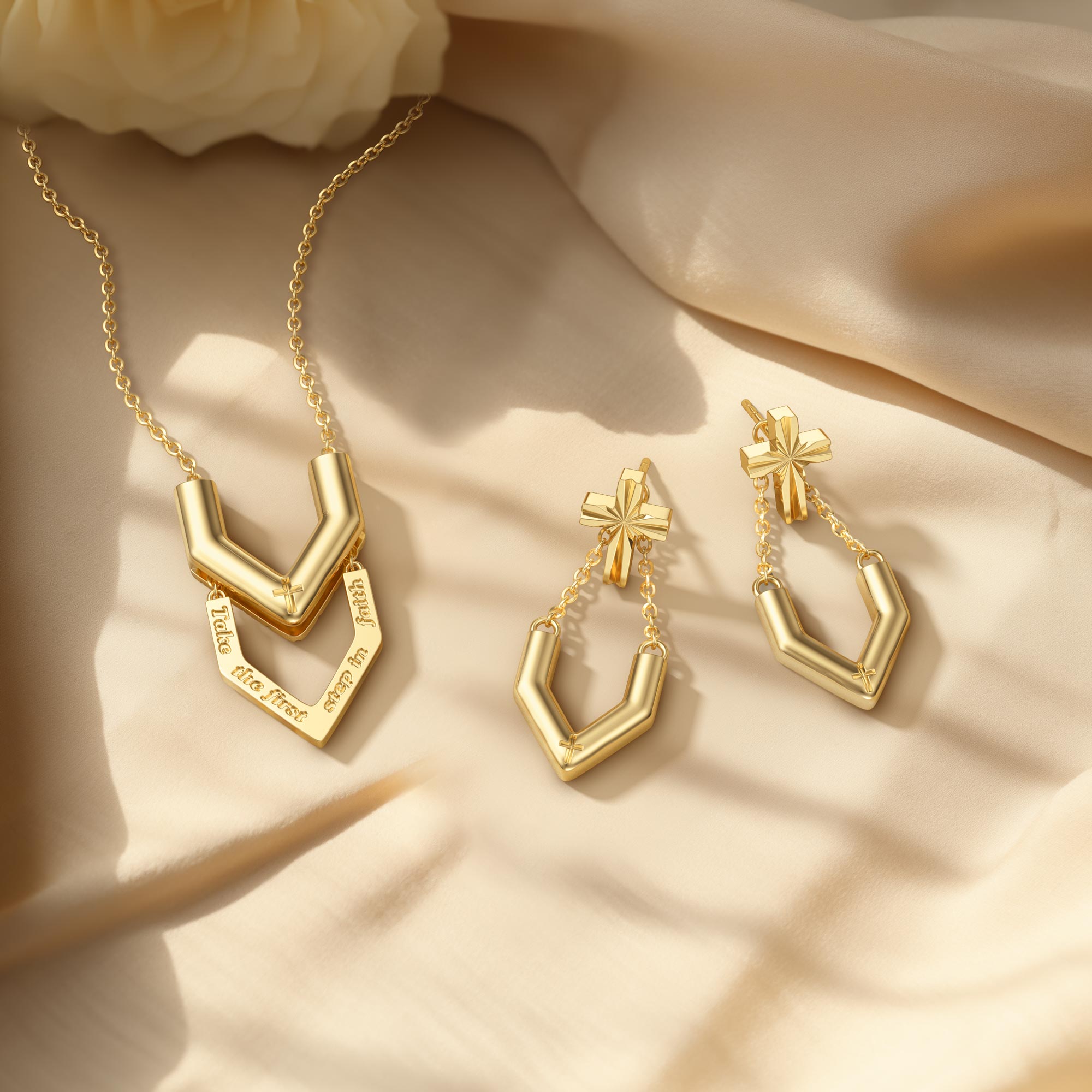 ‘Take the first step in faith' V Chain Cross Drop Earrings - vanimy