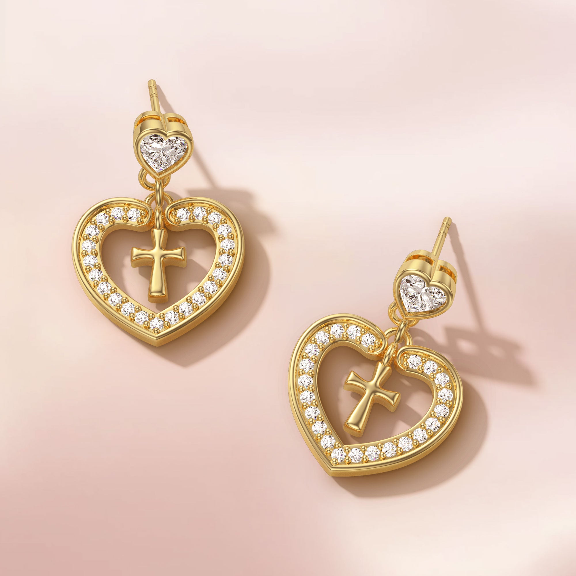 Divine Love Dangling Cross Heart Bezel Earrings - vanimy