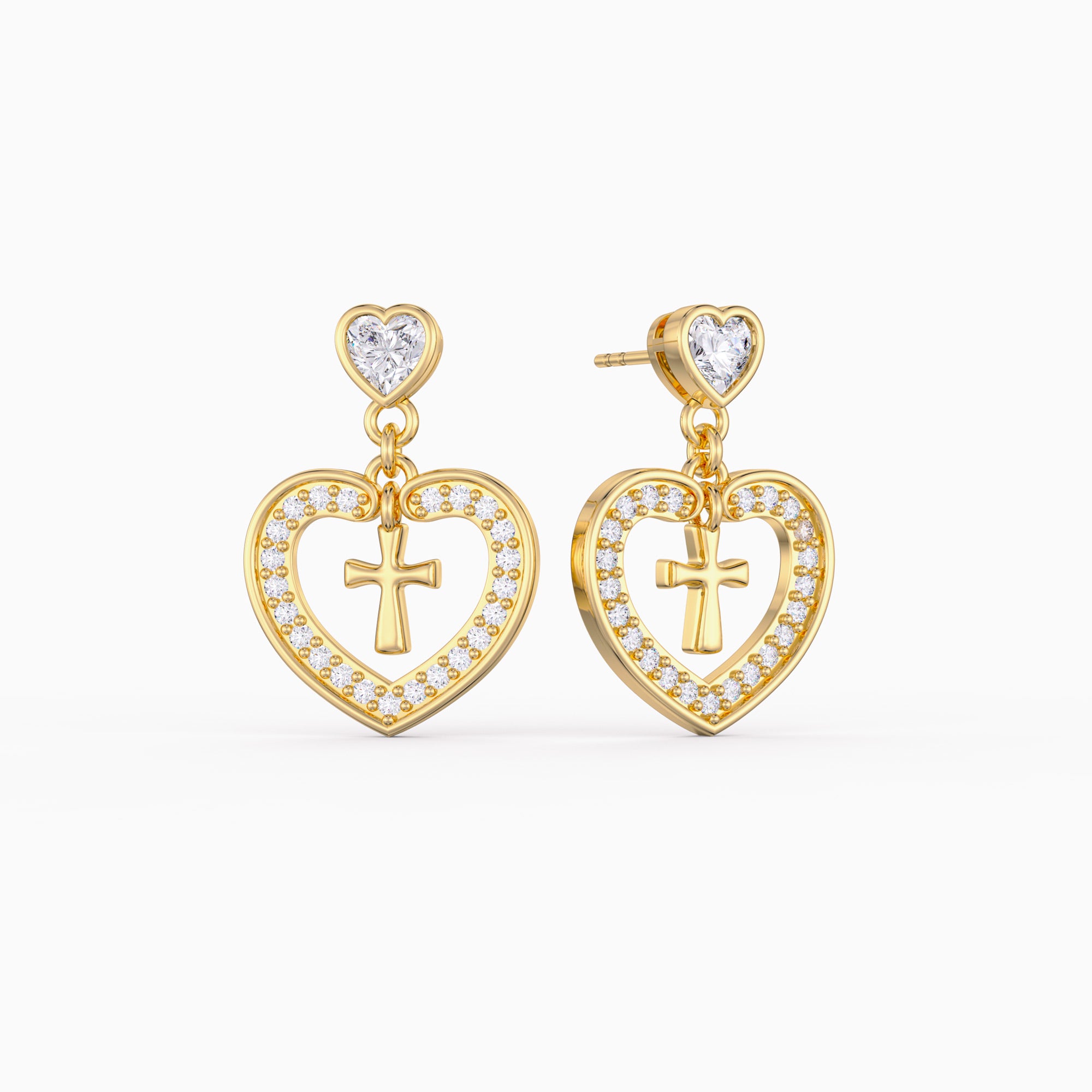 Divine Love Dangling Cross Heart Bezel Earrings - vanimy