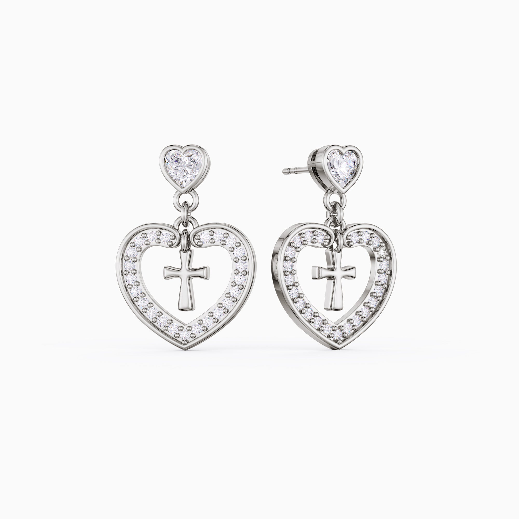 Divine Love Dangling Cross Heart Bezel Earrings - vanimy