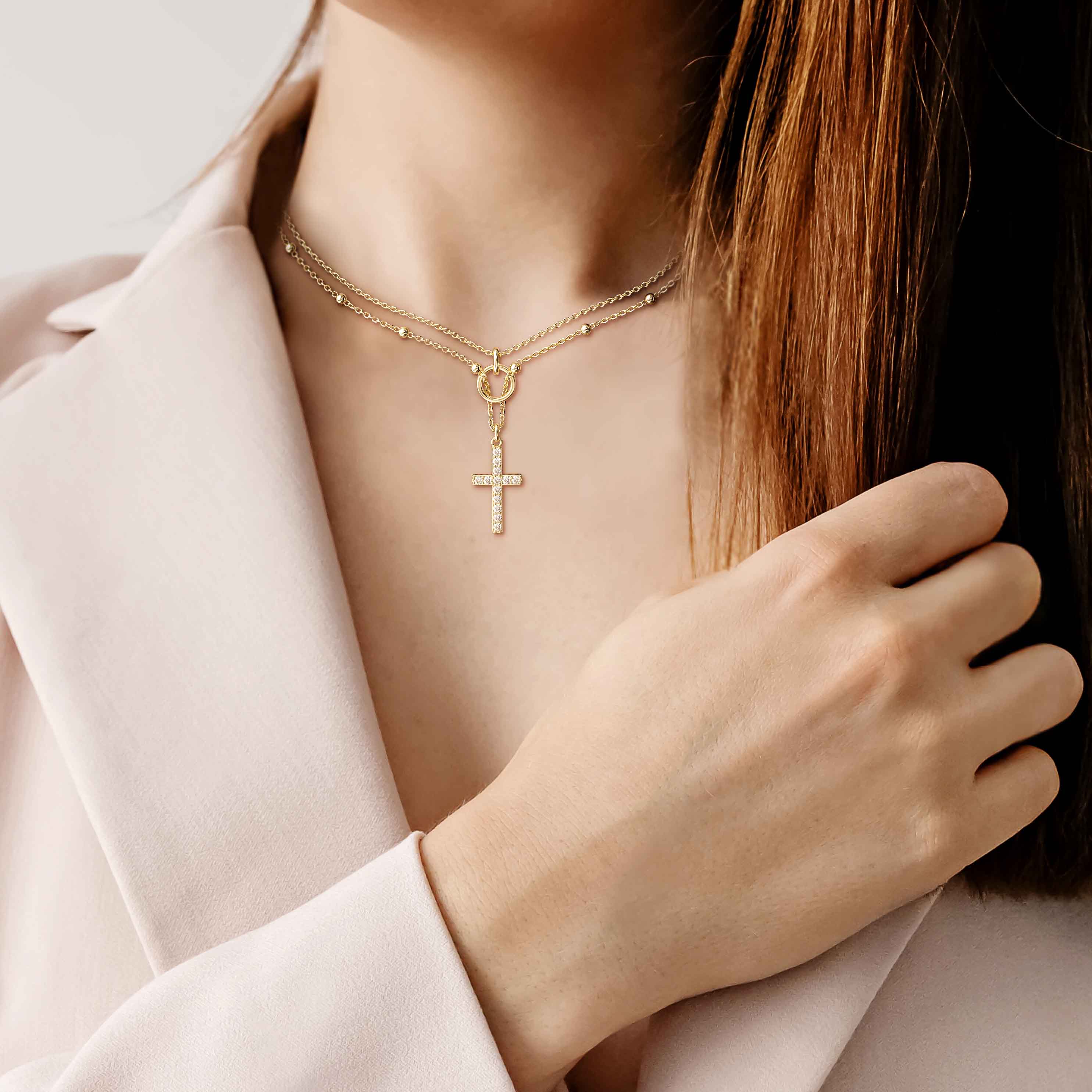 Layered cross necklace gold discount