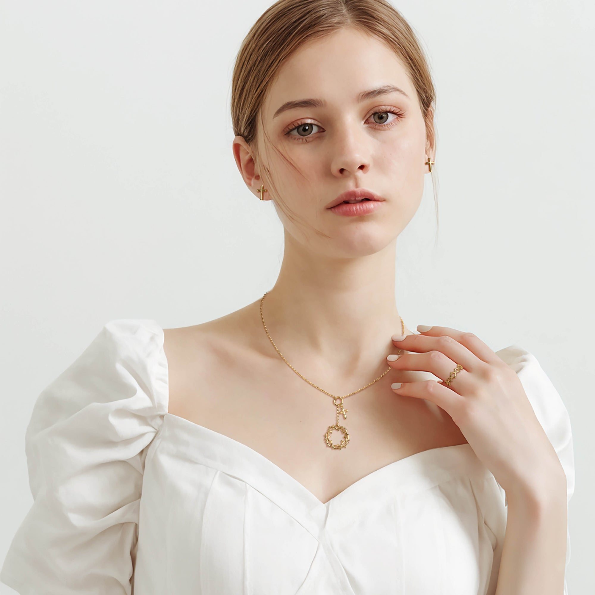 Gold Crown of Thorns Cross Necklace - vanimy