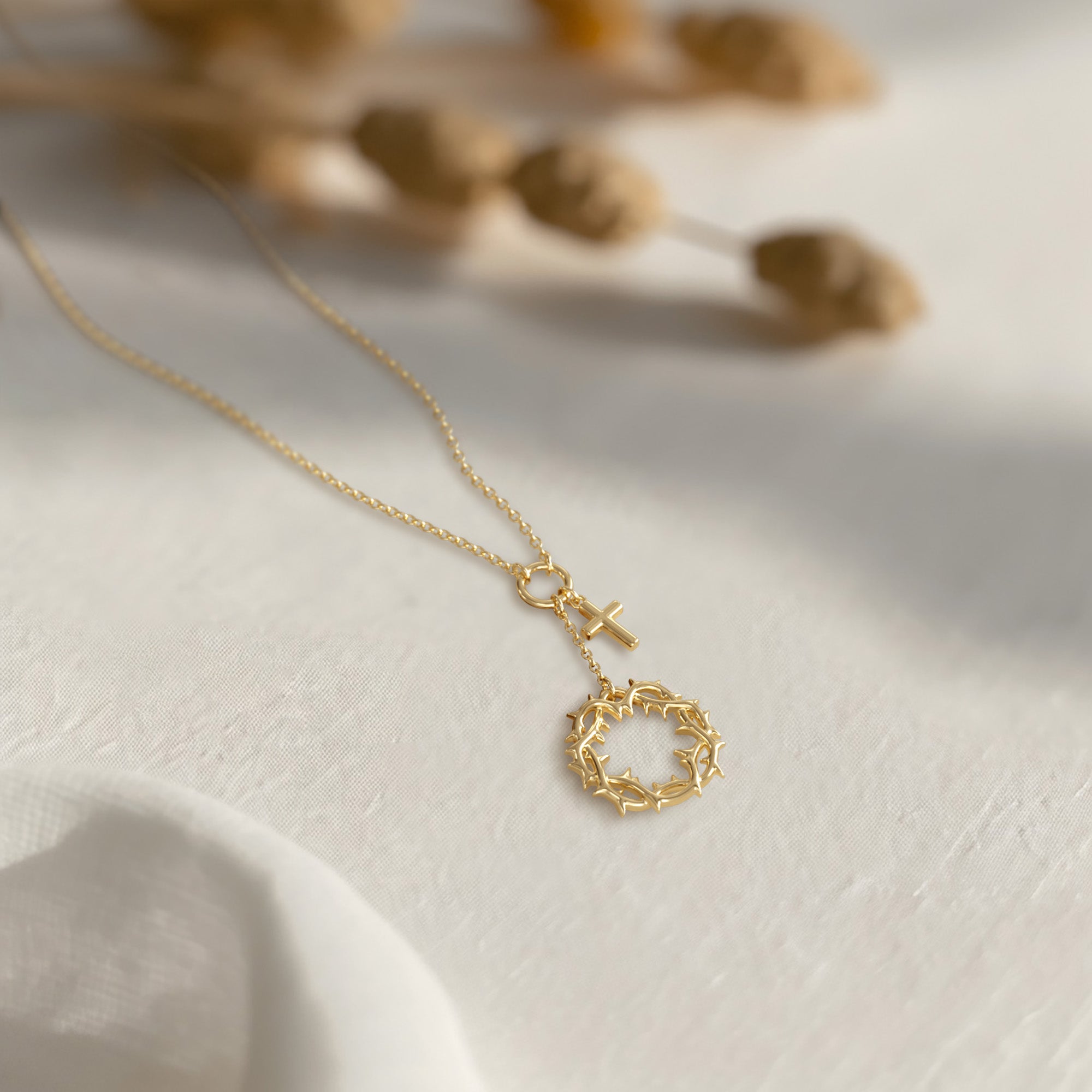 Gold Crown of Thorns Cross Necklace - vanimy