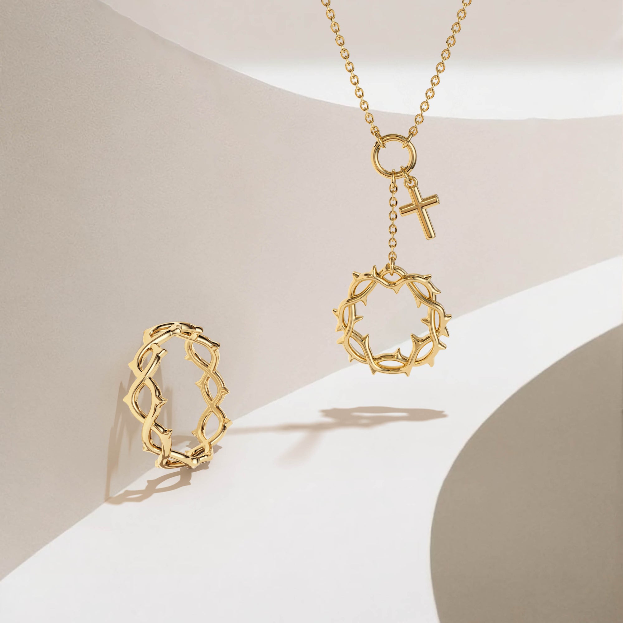 Gold Crown of Thorns Cross Necklace - vanimy