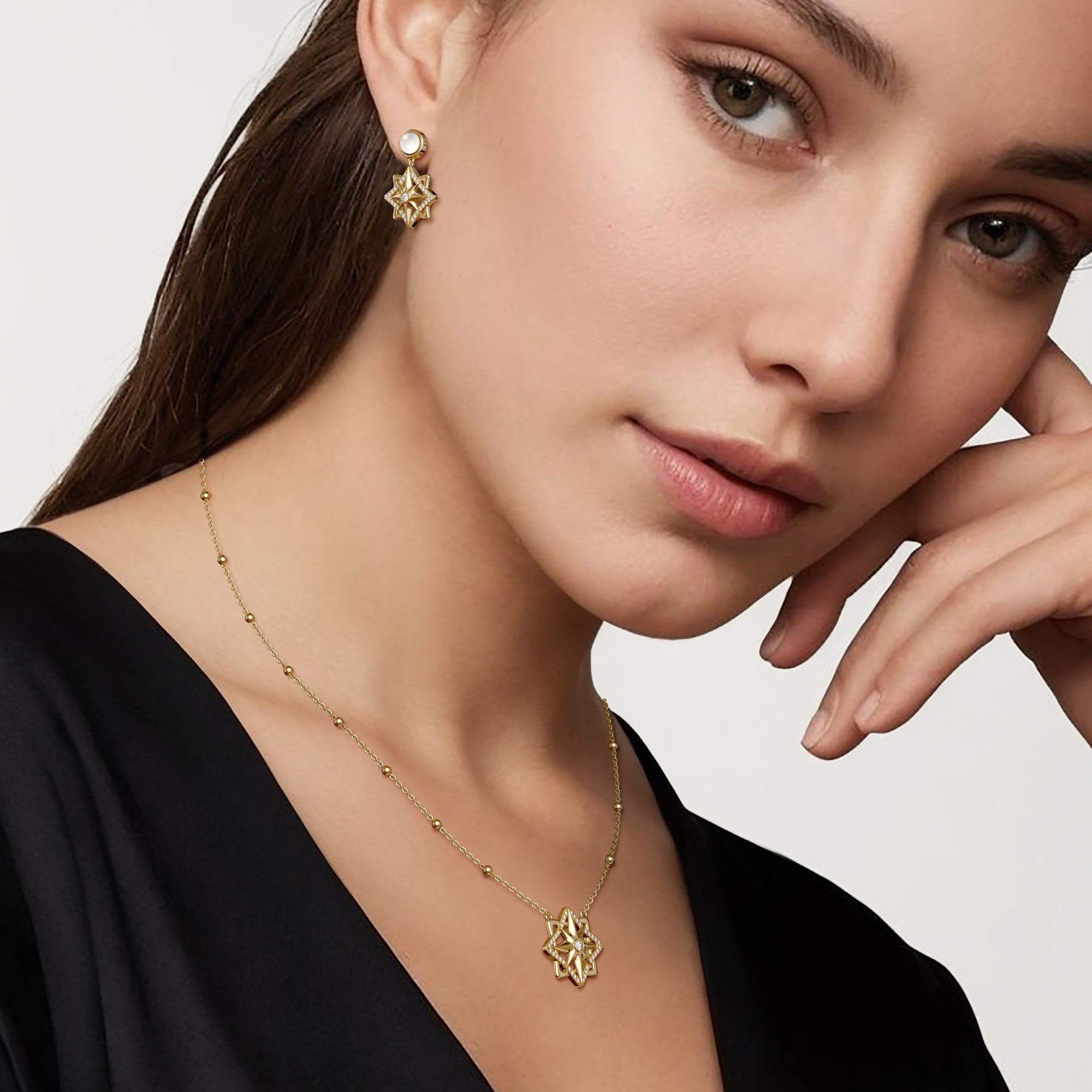 Pave North Star with Moonstone Drop Earrings - vanimy