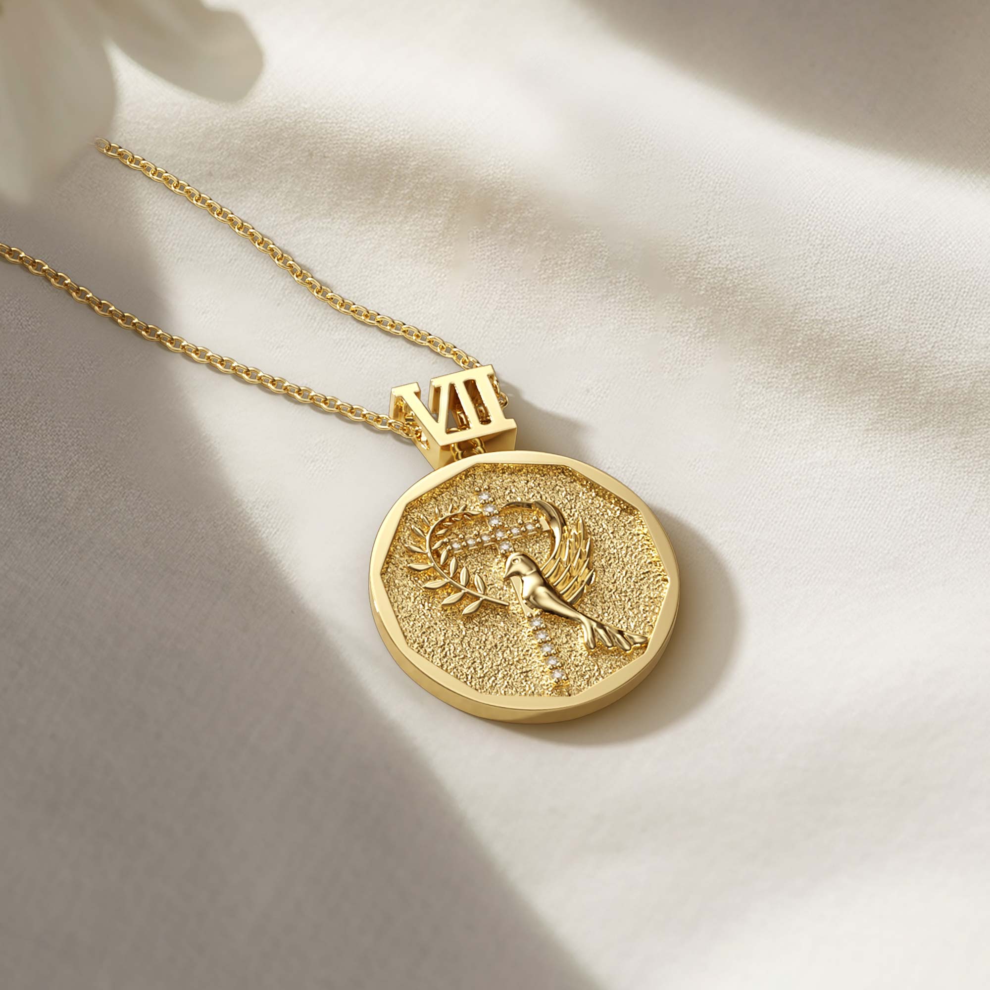 Promised Land Cross Dove of Peace with Olive Branch Coin Medallion Necklace - vanimy