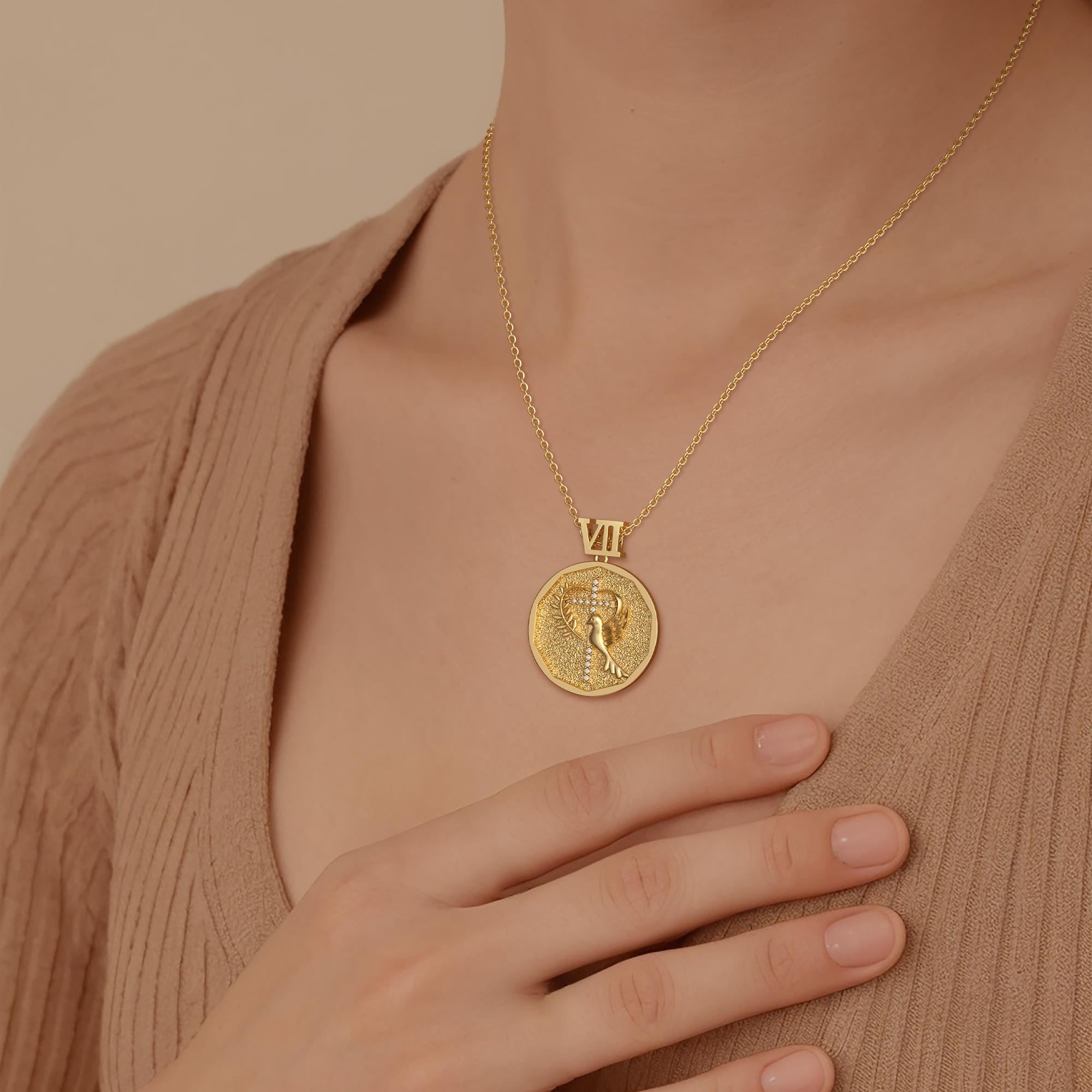 Promised Land Cross Dove of Peace with Olive Branch Coin Medallion Necklace - vanimy