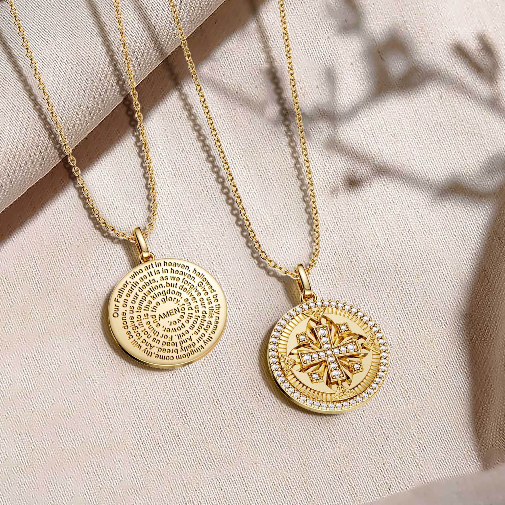 Divine Radiance Cross Protection Prayer Medallion Pendant Necklace - Gold Vermeil - vanimy