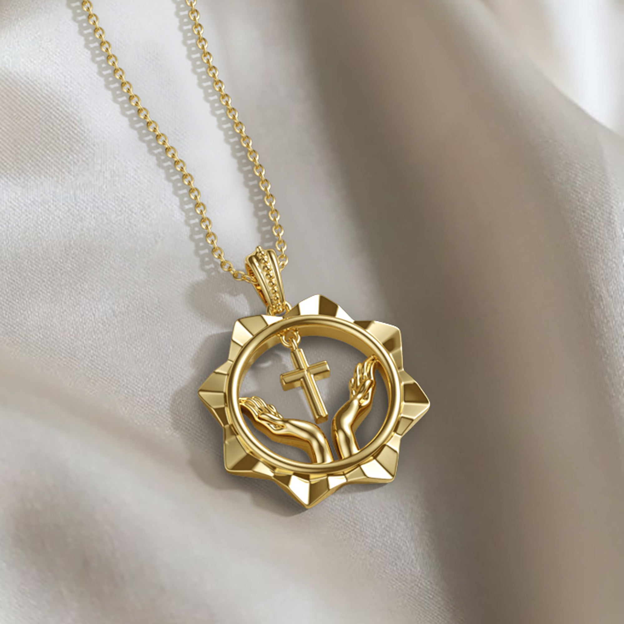 Divine Radiance Praying Hands Cross Pendant Necklace - vanimy