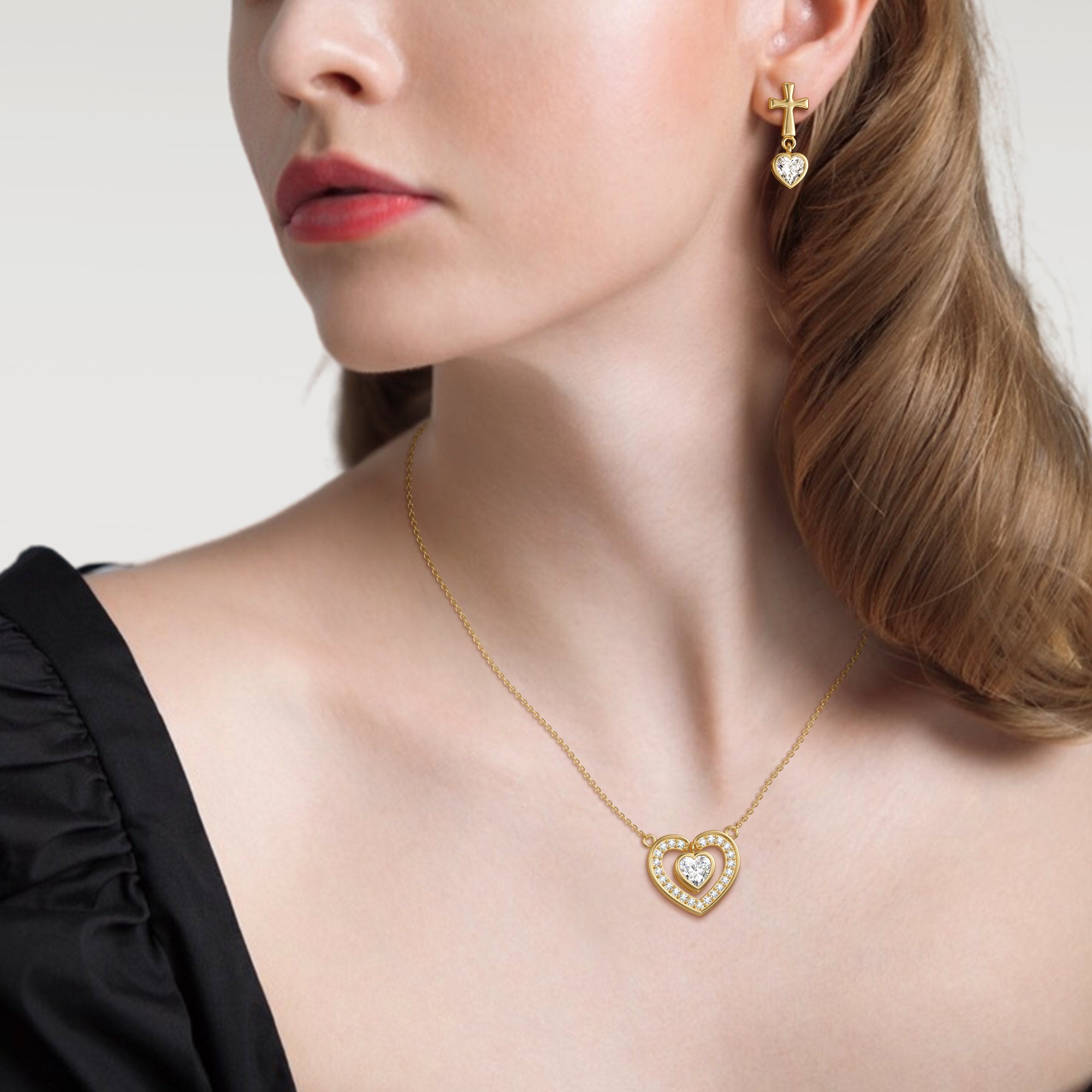 Cross Heart Shaped Bezel Dangling Earrings - vanimy