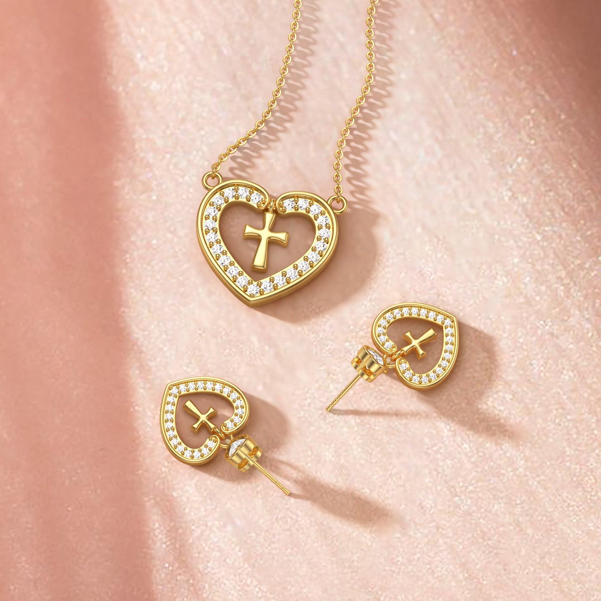 Divine Love Dangling Cross Heart Bezel Earrings - vanimy