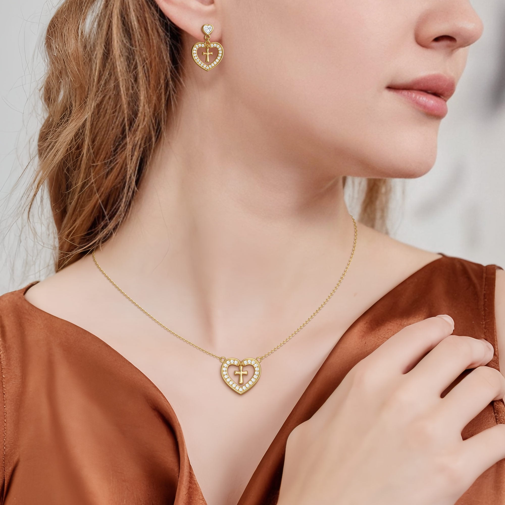 Divine Love Dangling Cross Heart Bezel Earrings - vanimy