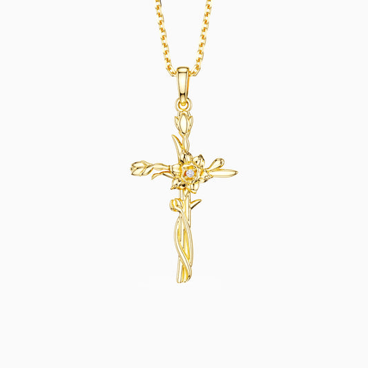 Floral Cross March Daffodil Birth Flower Necklace