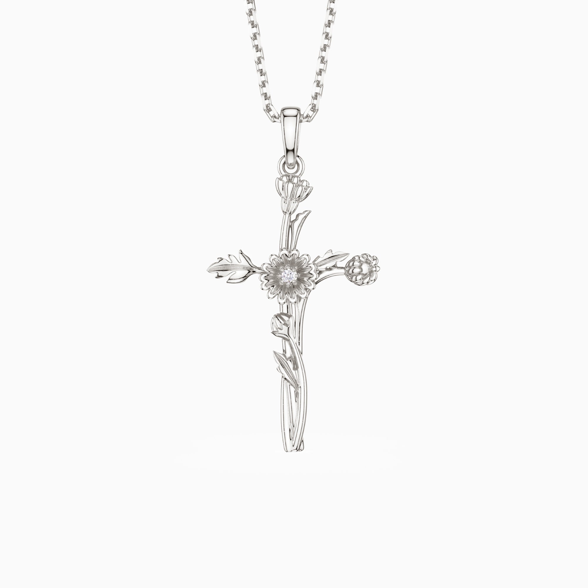 Collier de fleurs de naissance avec croix florale et marguerite d'avril