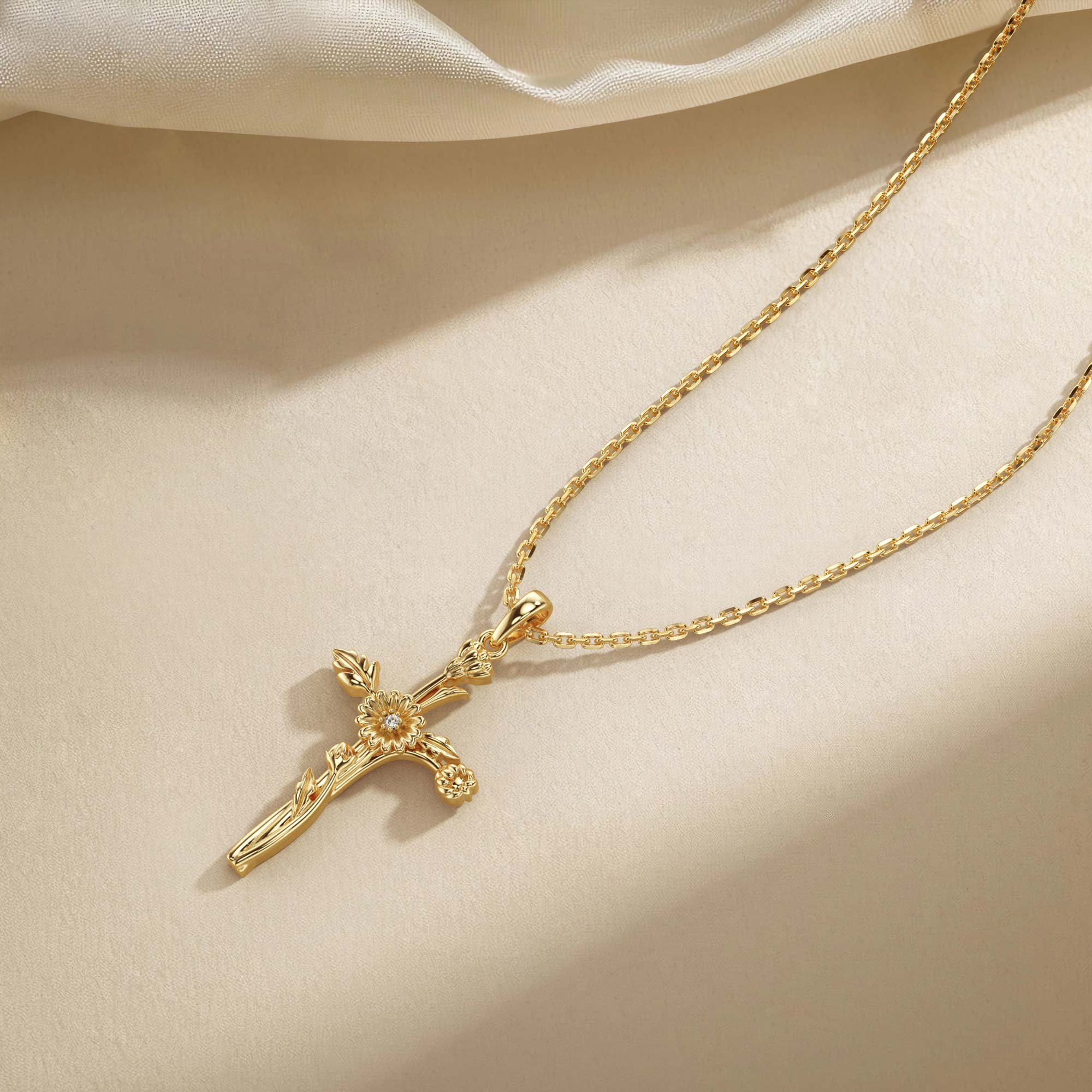 Collier de fleurs de naissance avec croix florale et marguerite d'avril