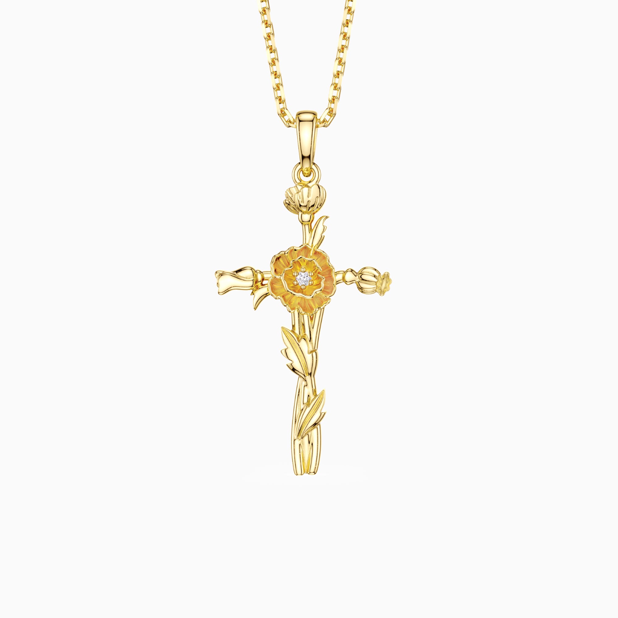 Collier de fleur de naissance avec croix florale et coquelicot d'août
