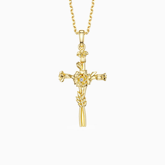 Floral Cross October Marigold Birth Flower Necklace