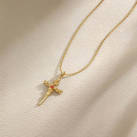 Floral Cross December Holly Birth Flower Necklace