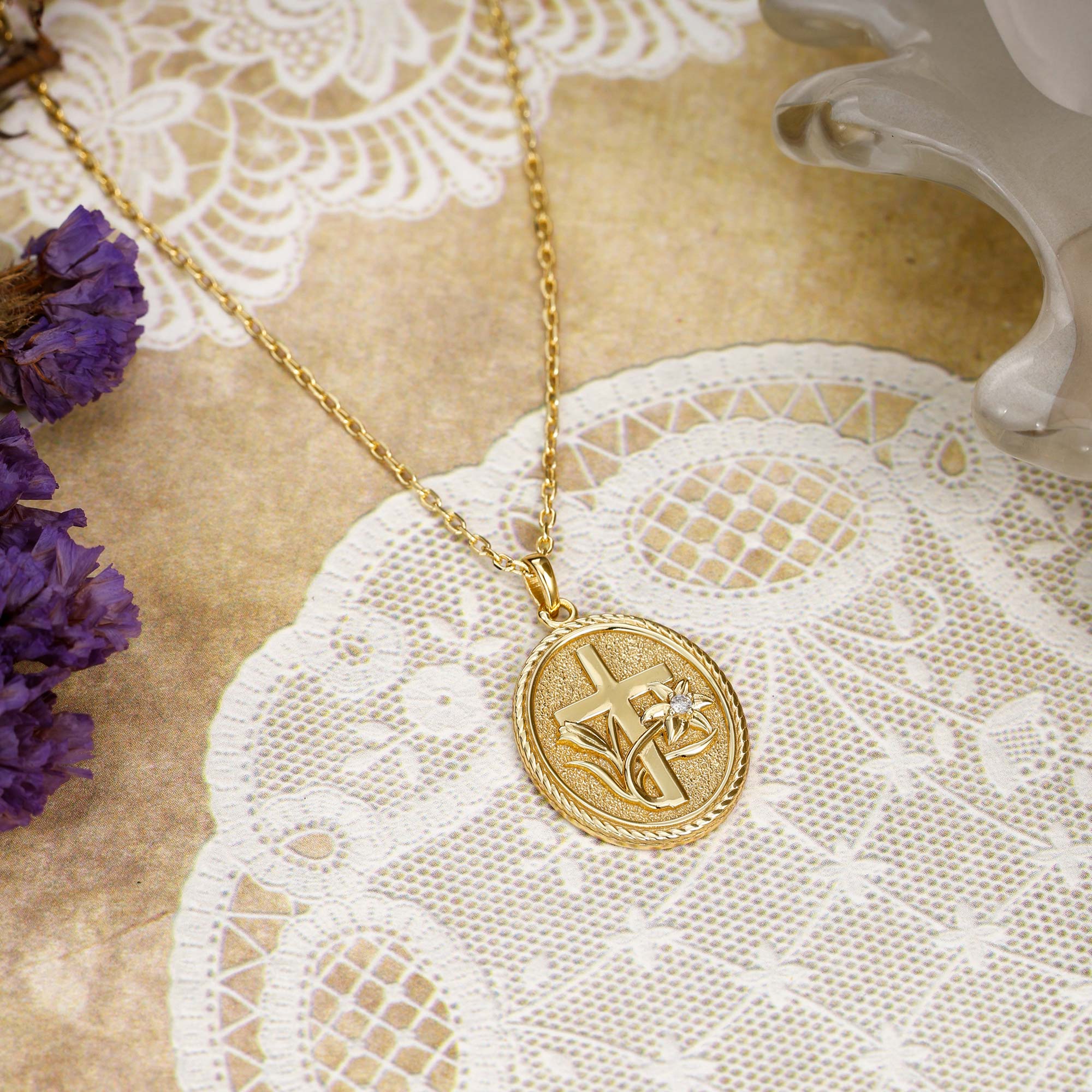 Personalized Madonna Lily Cross Medallion Necklace