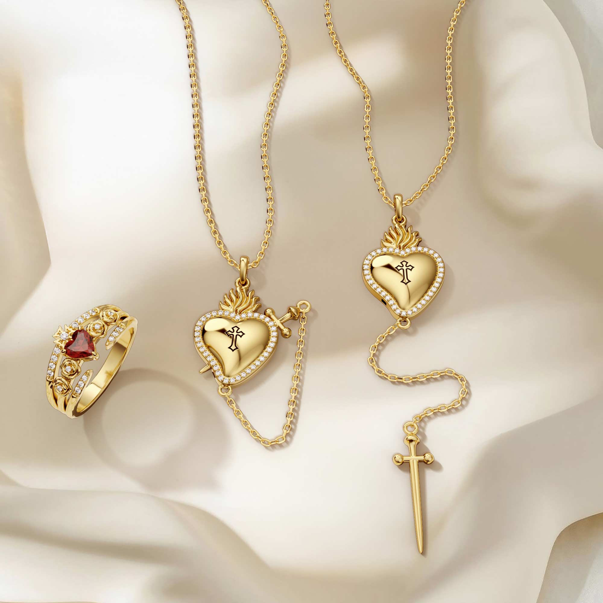 Flaming Heart with Dagger Necklace