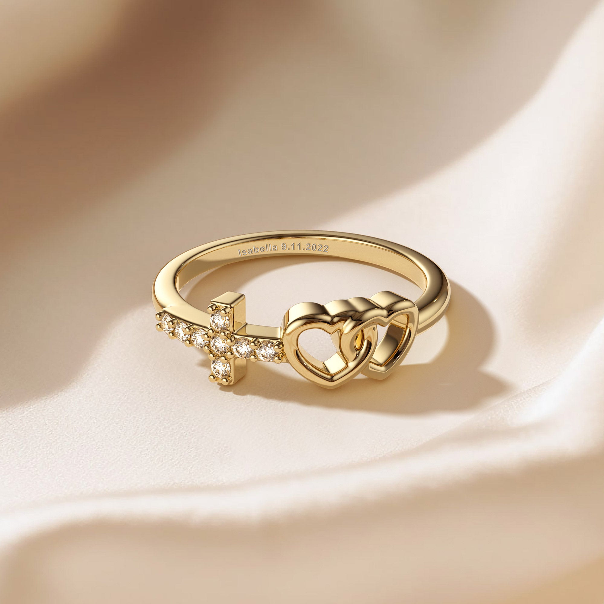 Customized Double Heart And Cross Ring - vanimy