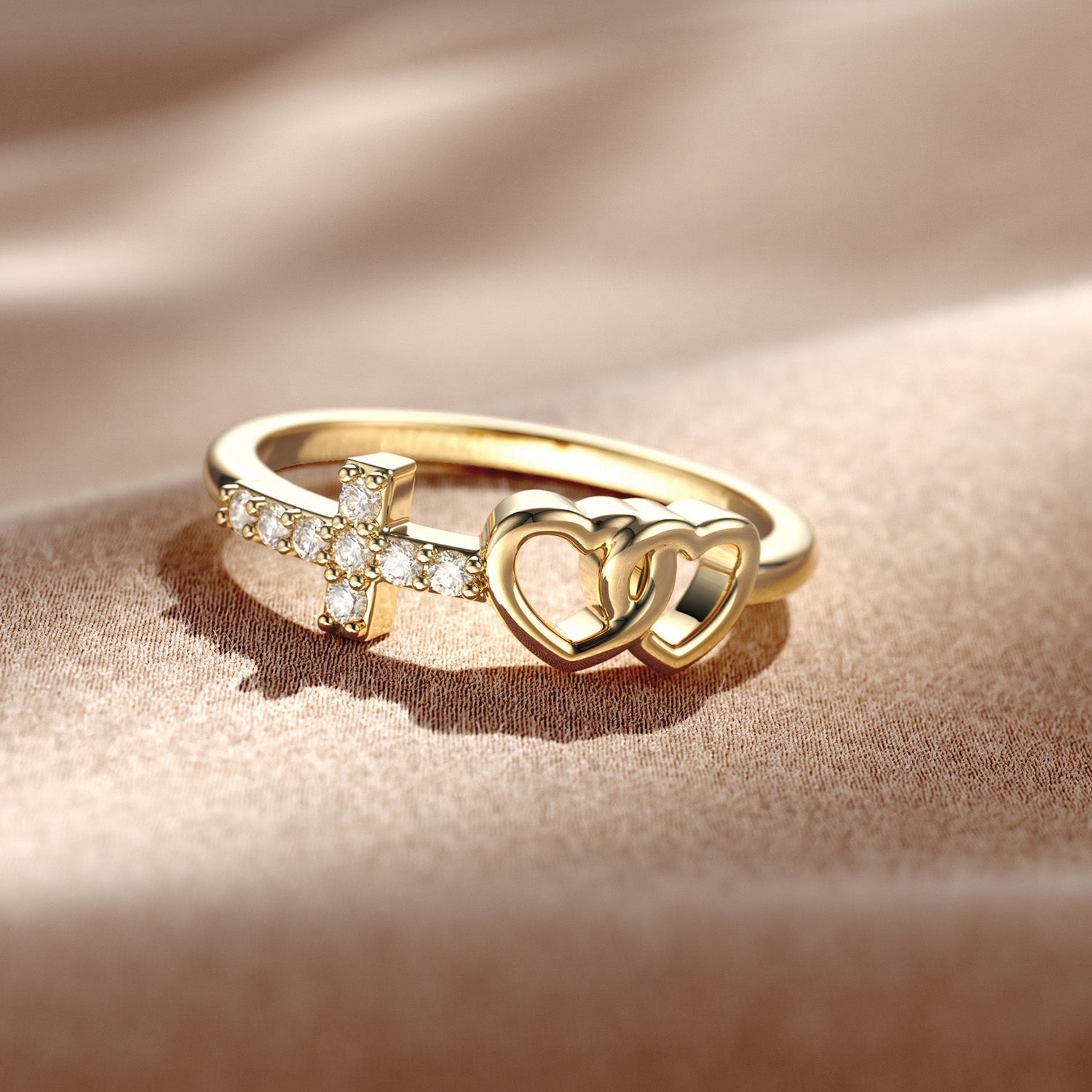 Double Heart And Cross Ring - vanimy