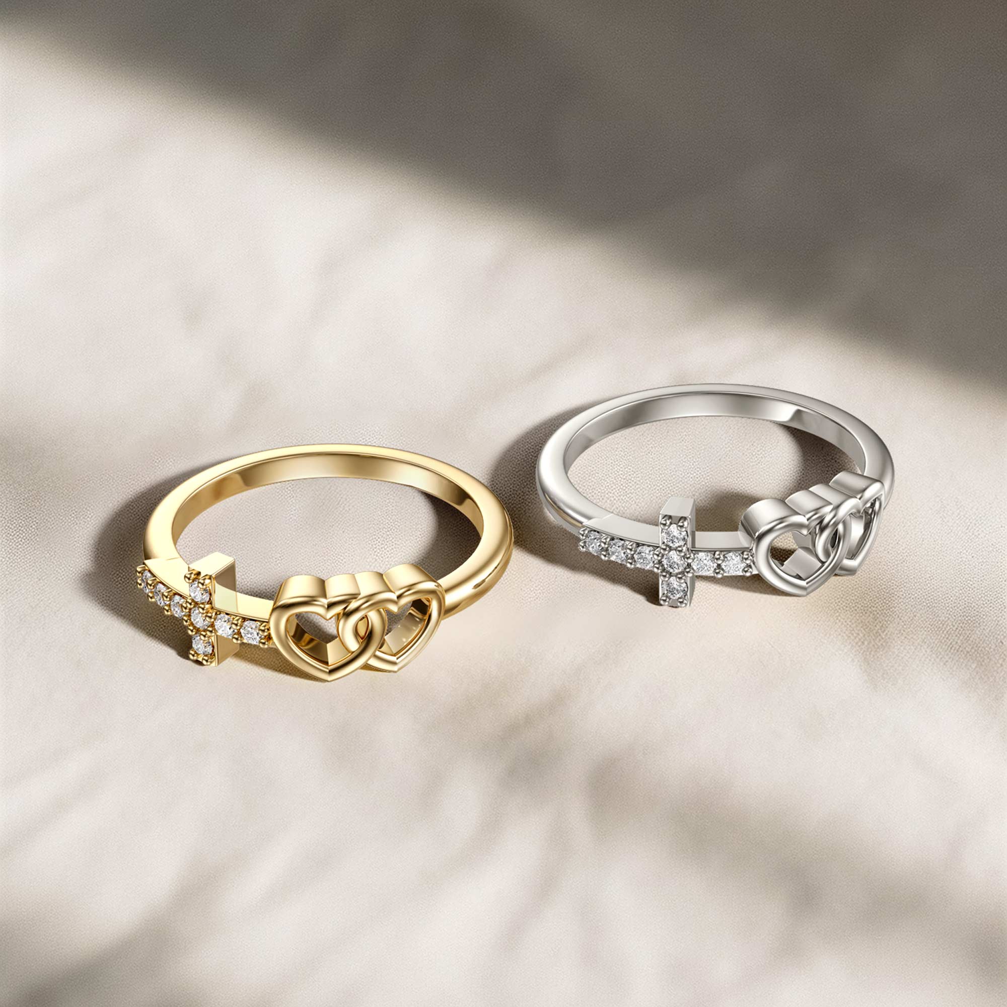 Double Heart And Cross Ring - vanimy