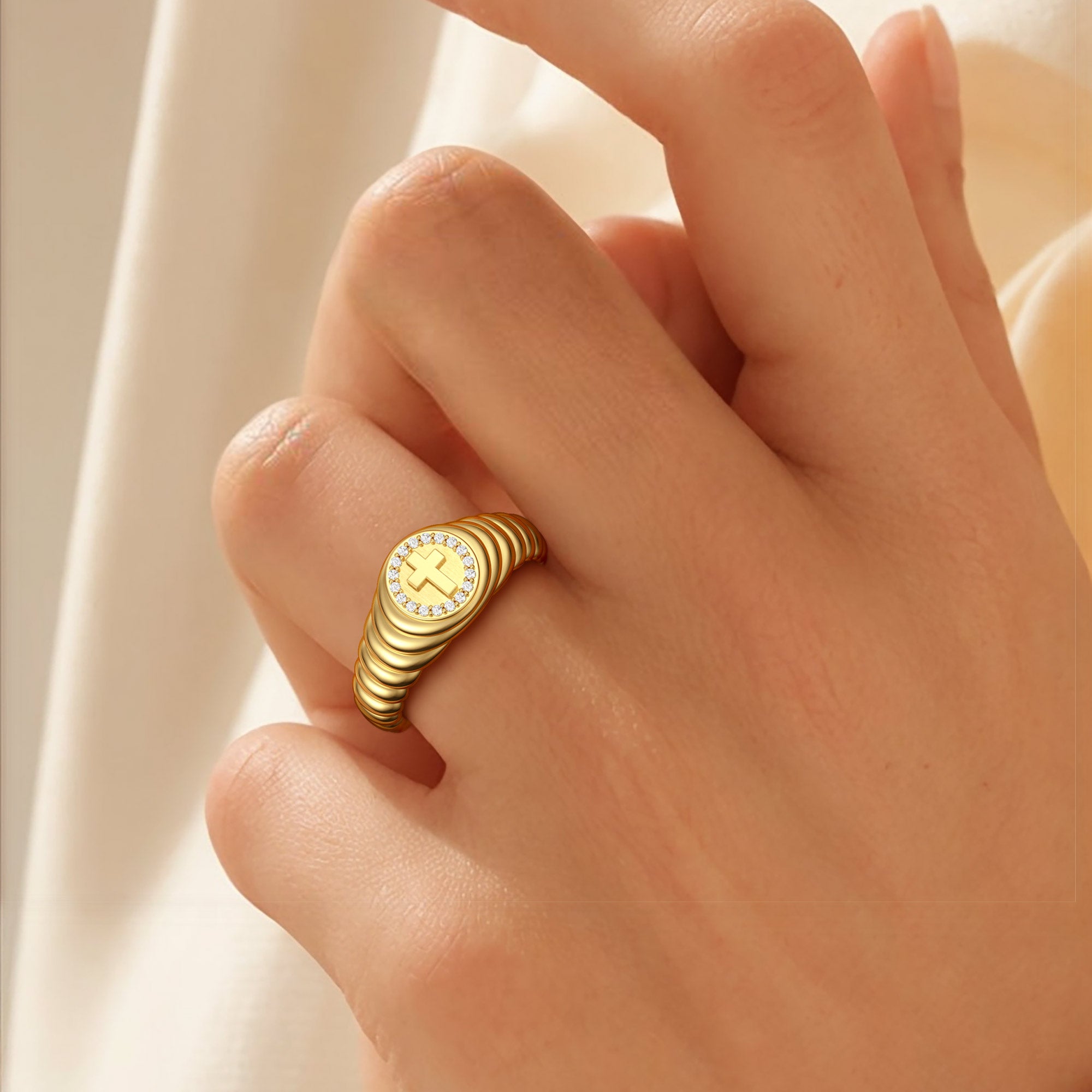 Cross Wavy Pinky Signet Ring - vanimy