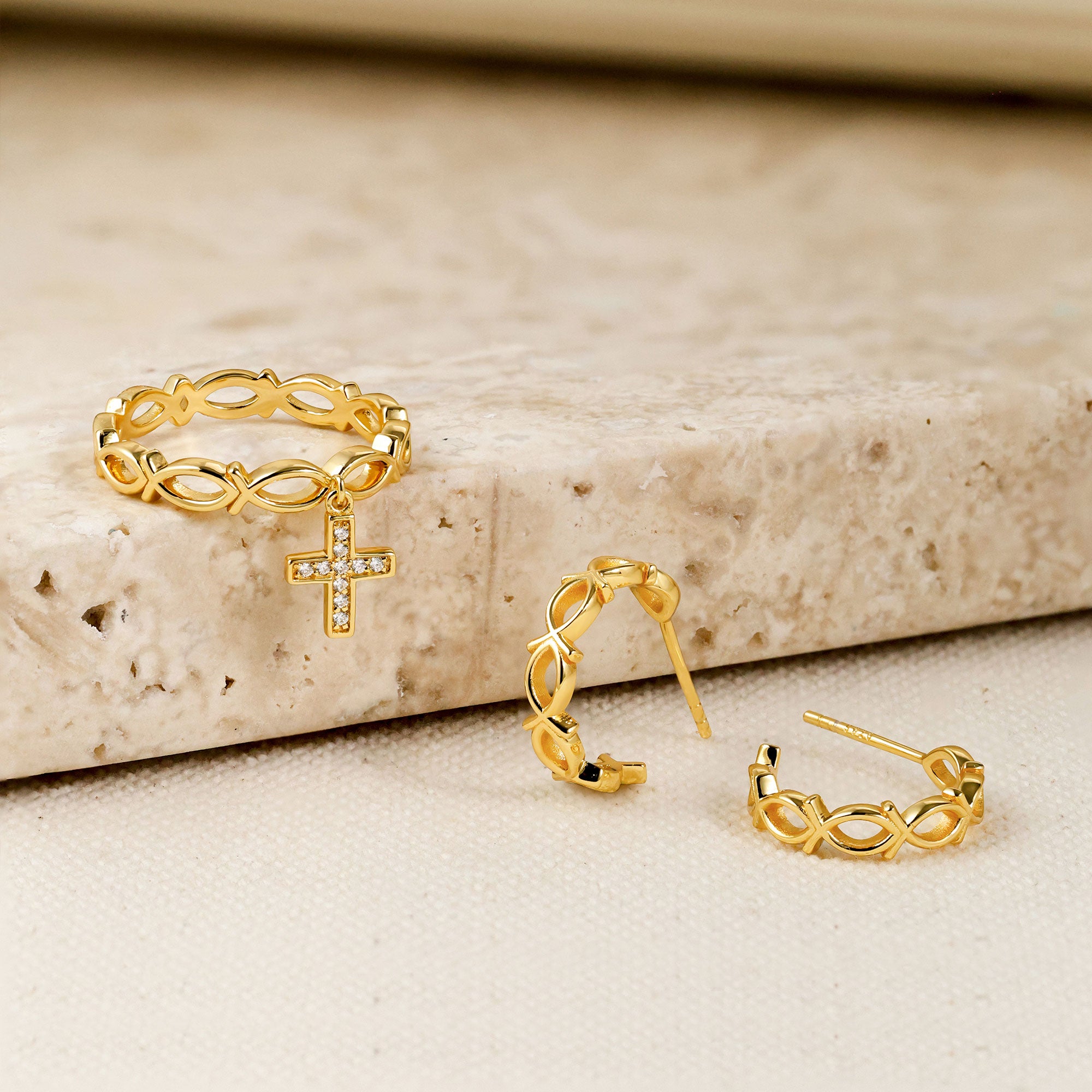 Ichthys Band Dangling Cross Ring