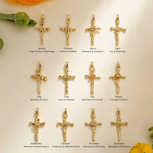 Solid Gold Birth Flower Cross Pendant