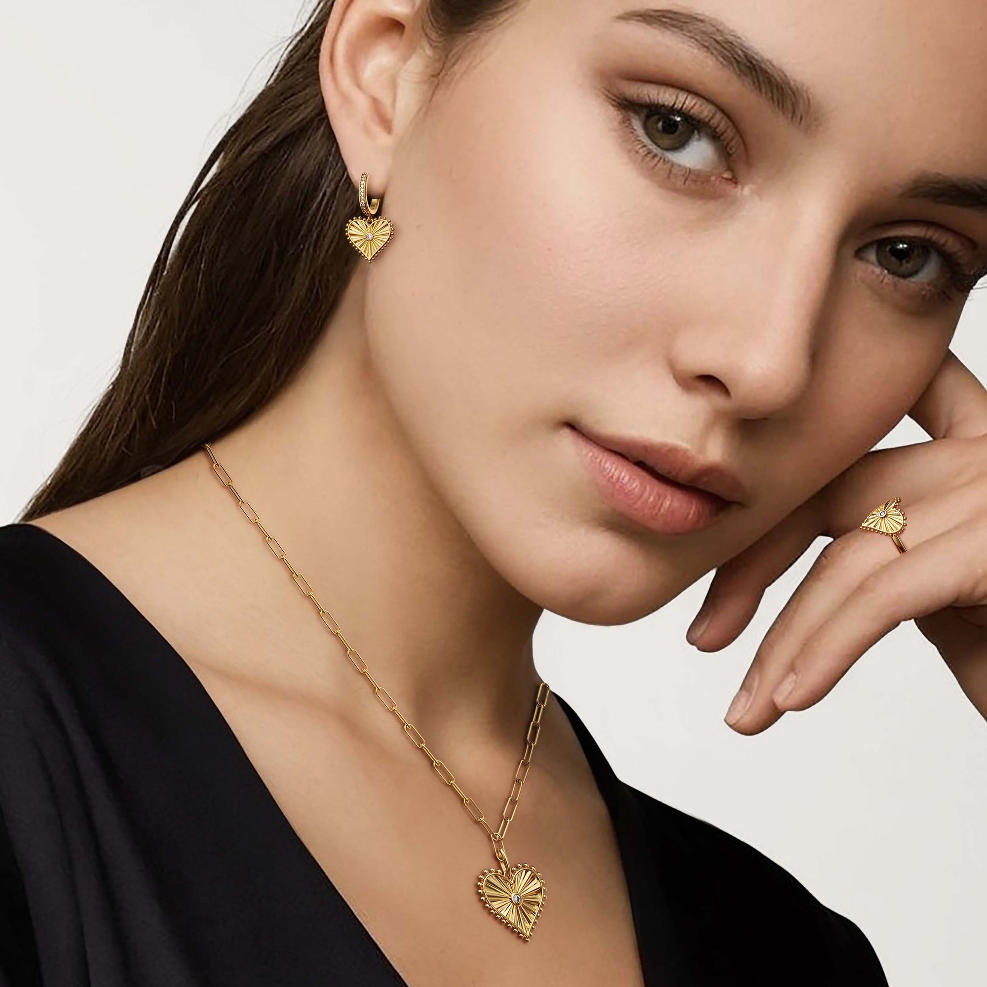 Beaded Heart with Radiating Sunbeam Love Hoop Earrings - vanimy