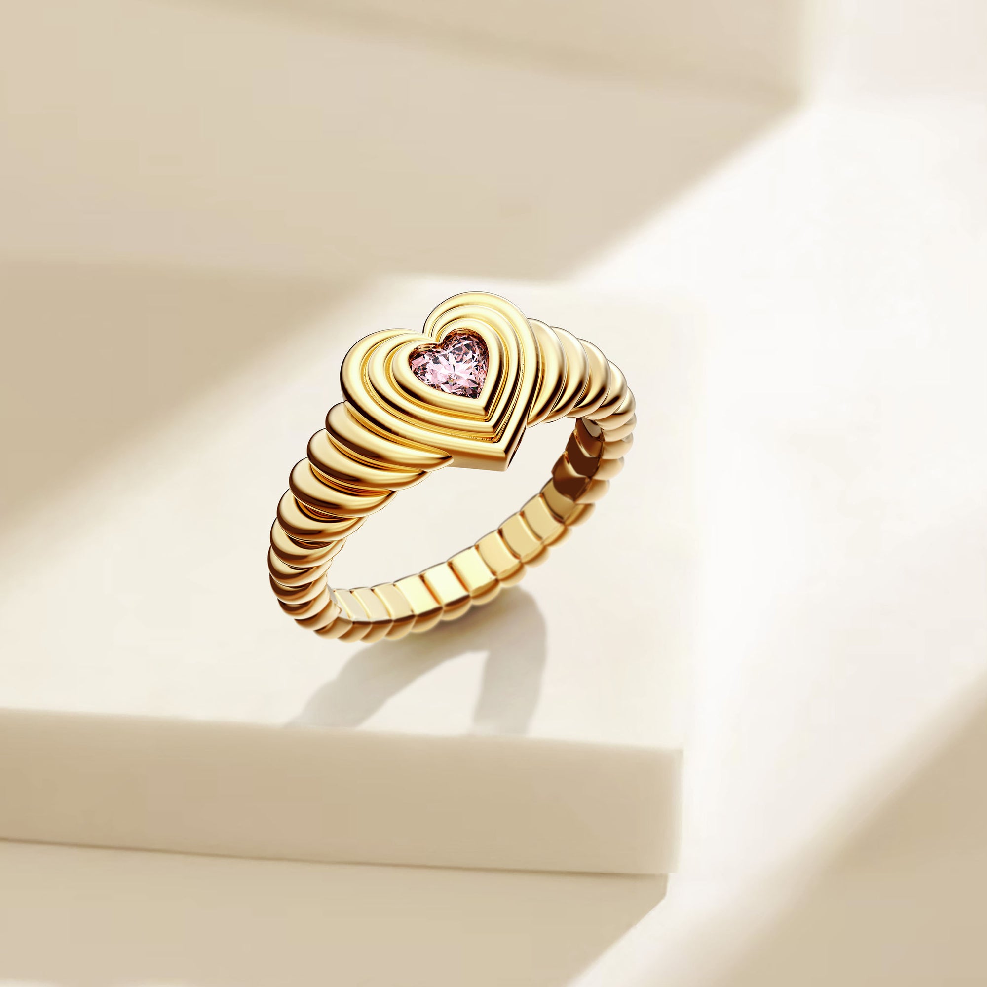 Timeless Enchanted Pink Heart Echo Wavy Pinky Signet Ring - vanimy