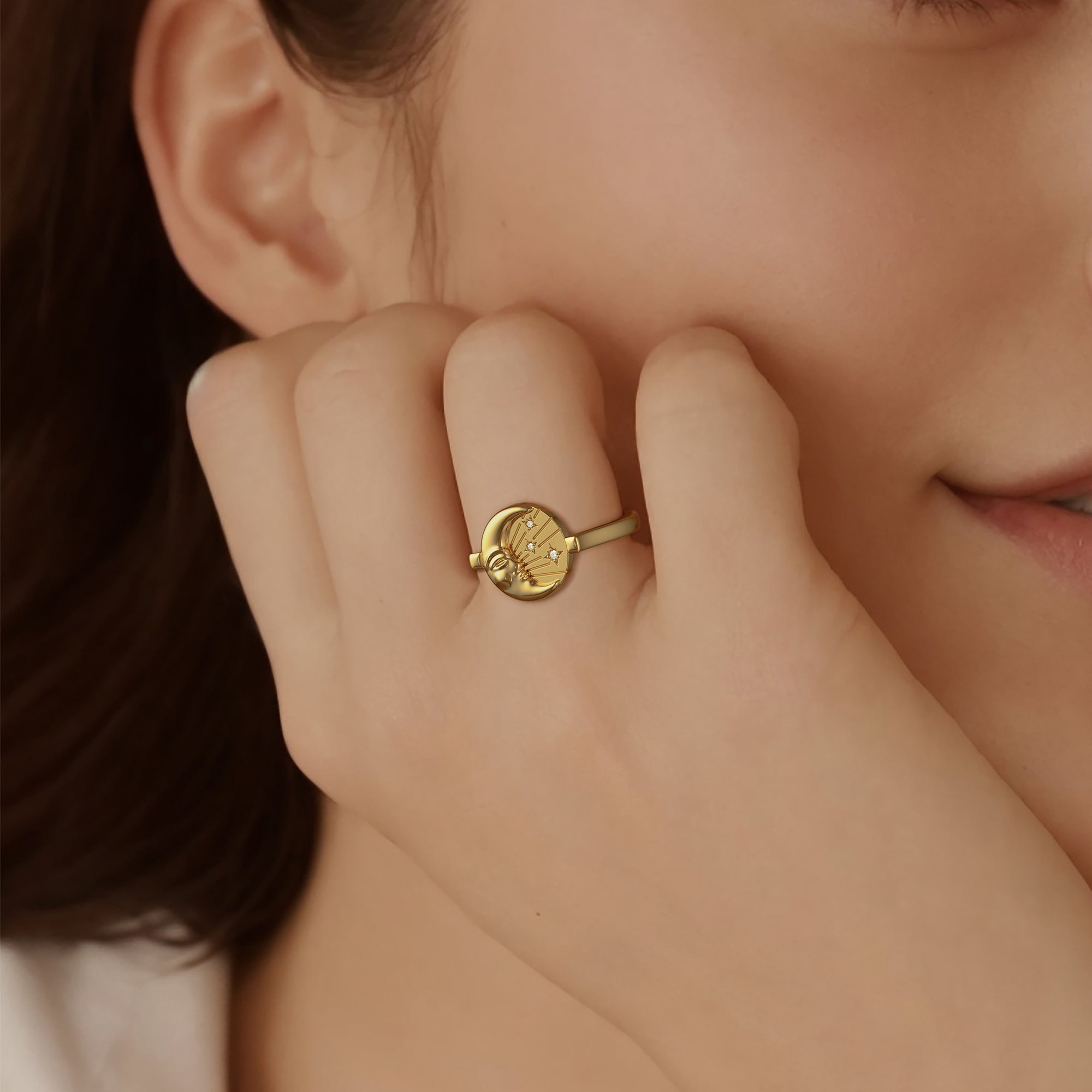 Kissing Moon and Star Signet Pinky Ring - vanimy