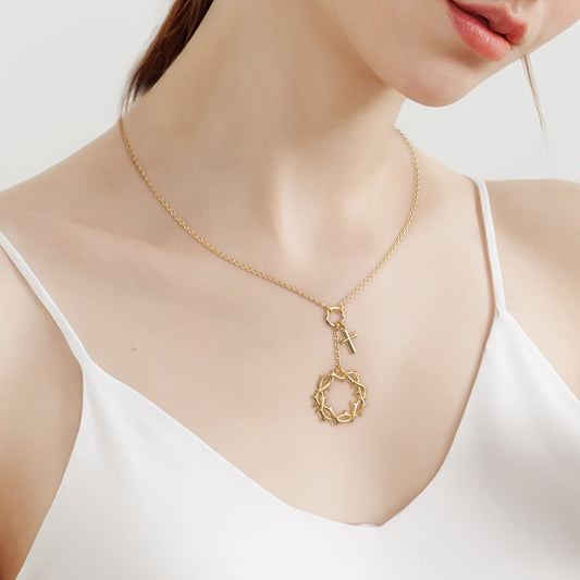 Gold Crown of Thorns Cross Necklace - vanimy