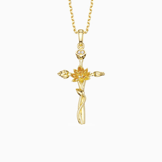 Floral Cross July Water Lily Birth Flower Necklace