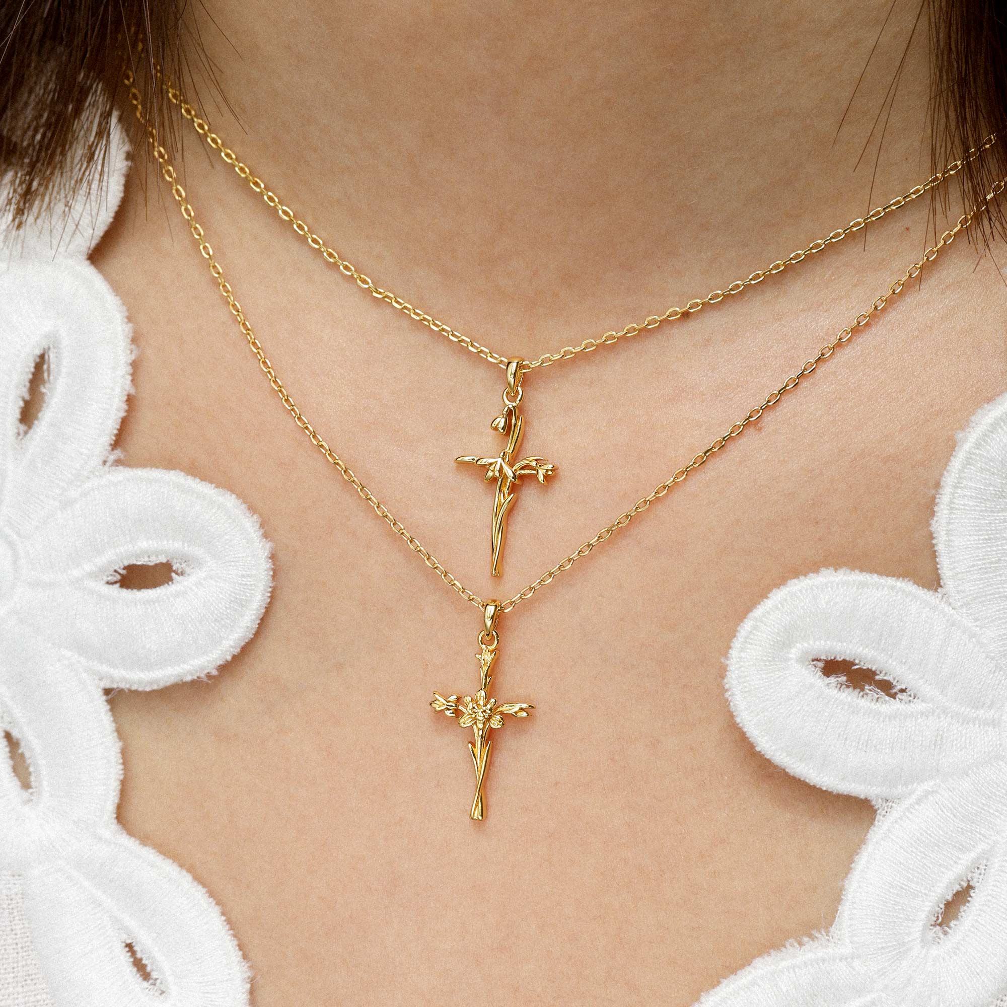 Solid Gold Birth Flower Floral Cross Pendant