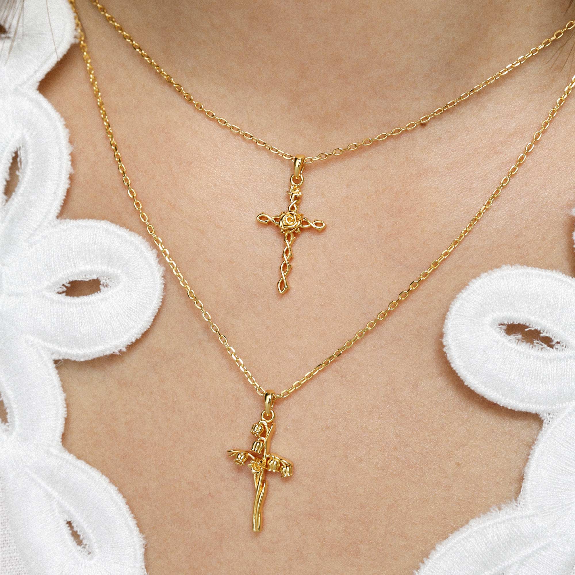 Solid Gold Birth Flower Floral Cross Pendant