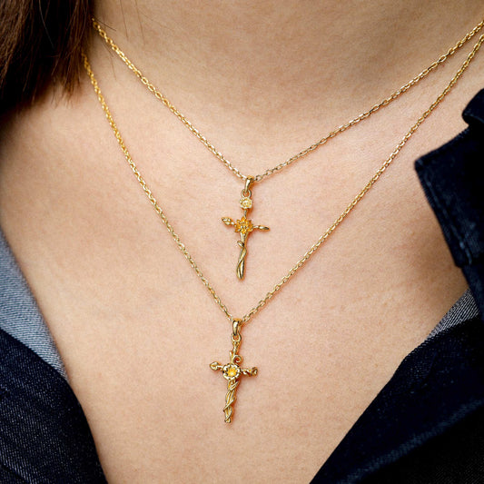 Solid Gold Birth Flower Floral Cross Pendant